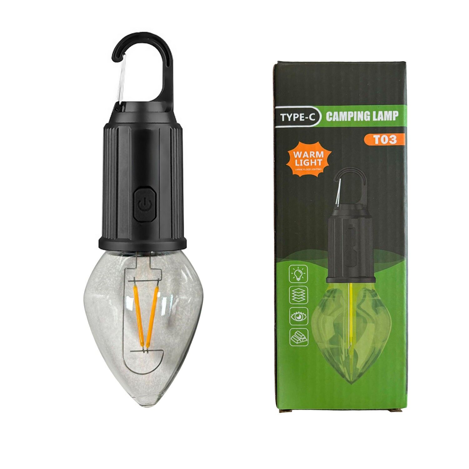 Bombilla LED T03 V2, con gancho para colgar, batería recargable de 400mAh, 5W y luz templada hasta 12 horas de duración, resistente a la lluvia. Color:Negro 