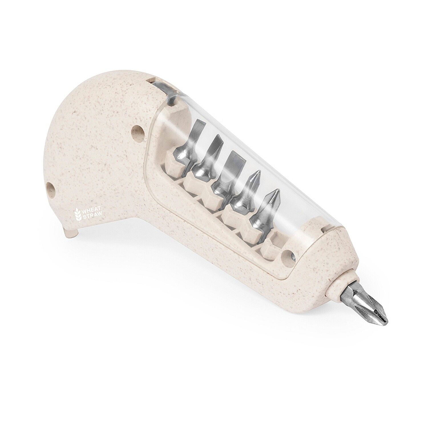 Flexómetro multiherramienta Drankil de caña de trigo con 6 funciones, metro de 1m y destornillador con 6 puntas. Color:Beige 