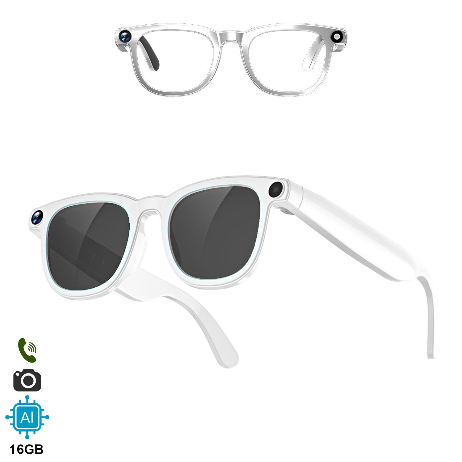 Gafas inteligentes CY01. Con cámara para fotos y videos de 8 MPX, traductor AI en tiempo real y control de música/llamadas. 16GB de memoria, lentes solares y transparentes. Color:Blanco Transparente