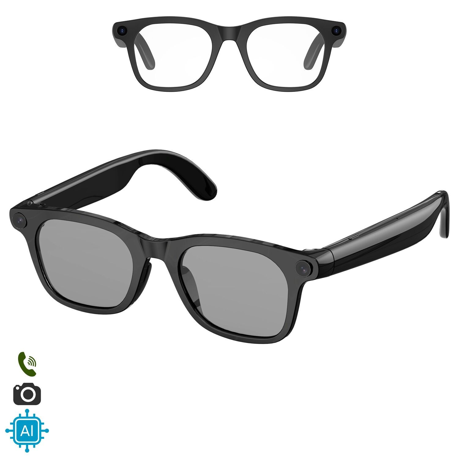 Gafas inteligentes HY15 con cámara de 12 MP para fotos y video de 2.5k. Traductor en tiempo real con asistente de voz inteligente y acceso a ChatGPT vía app. Control de música y llamadas. Color:Negro Transparente