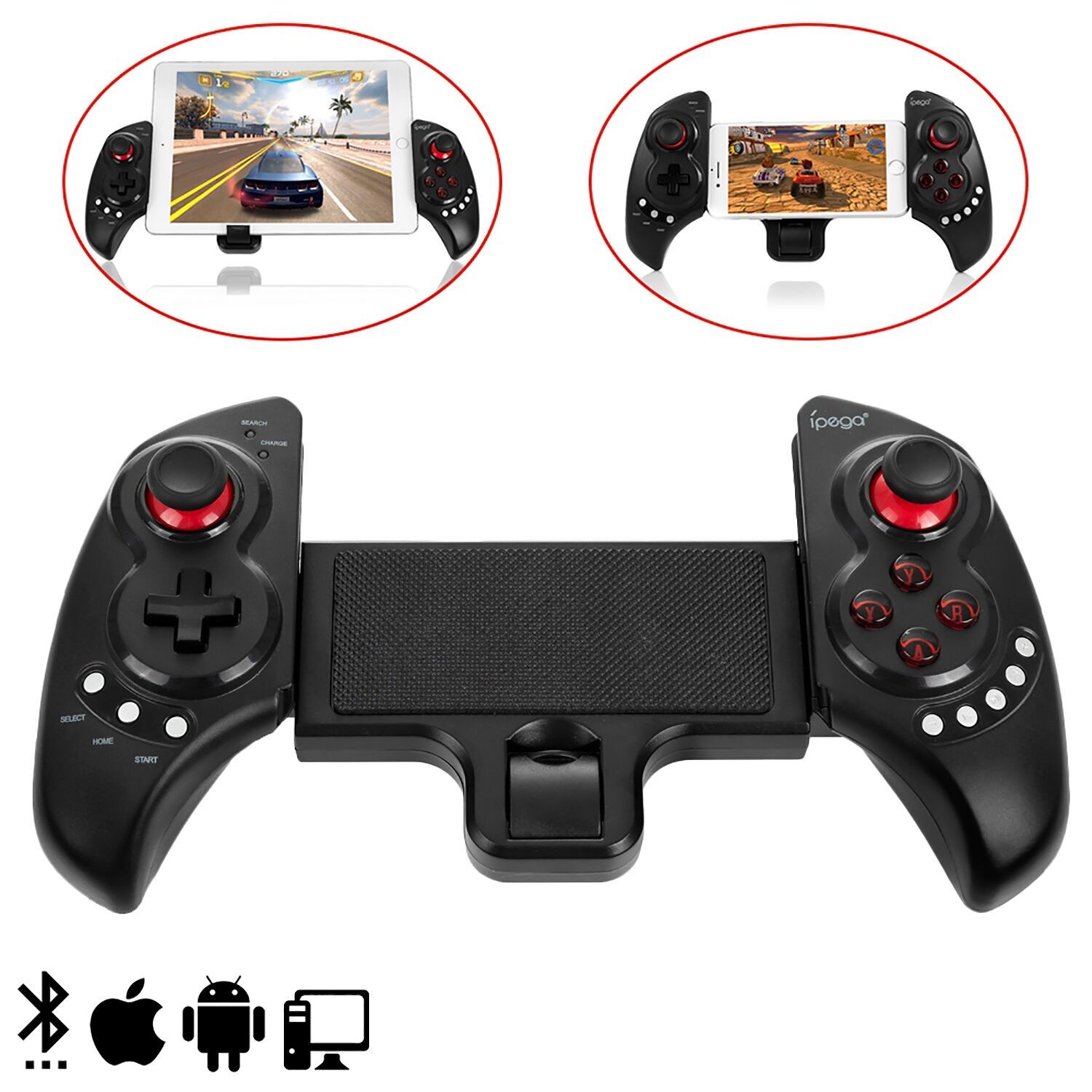 Ausziehbarer Bluetooth-Gamepad mit zentralem Ständer für Smartphones, Tablets und PCs. Farbe: Rot/Schwarz