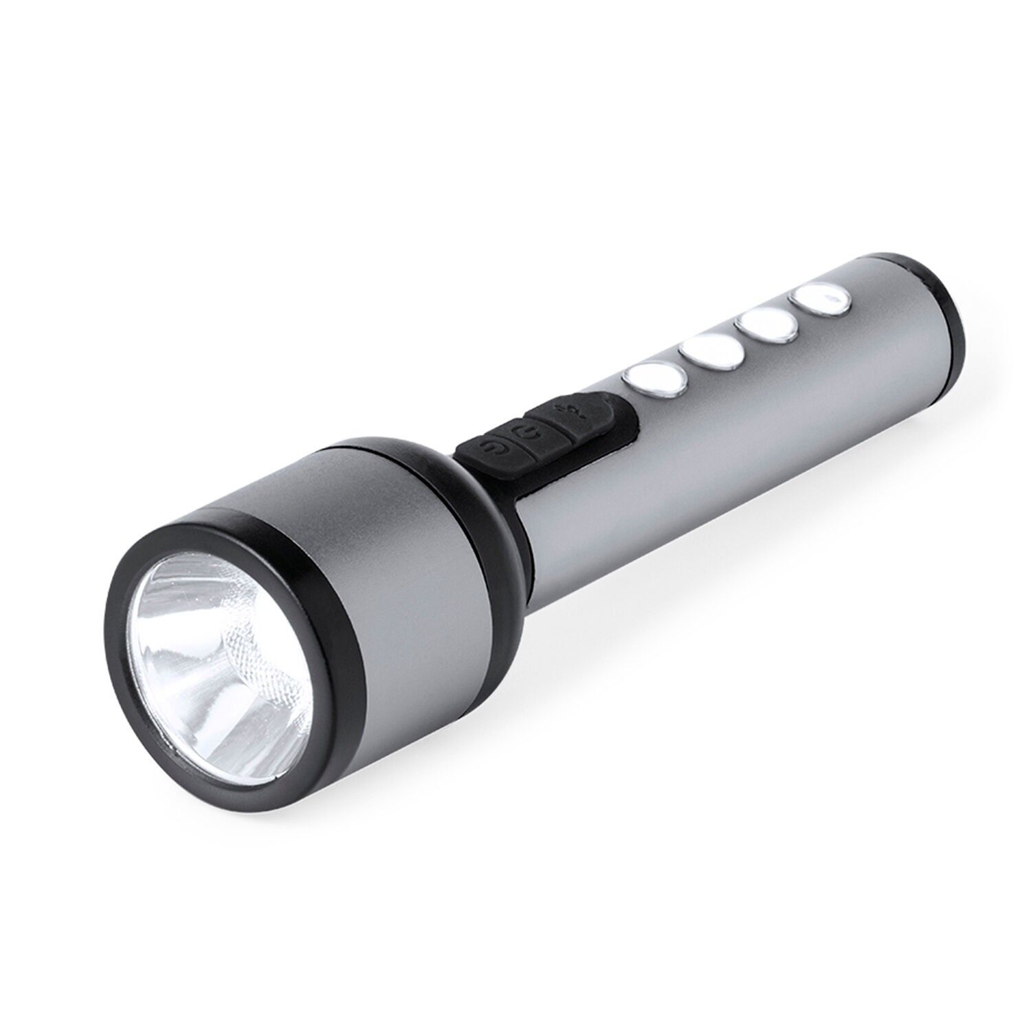 Taschenlampe aus Aluminium. Leistungsstark und wiederaufladbar mit 1 Front-LED und 4 COB-Leuchten, 3 Beleuchtungsmodi und einem 1200-mAh-Akku.Farbe: Silber
