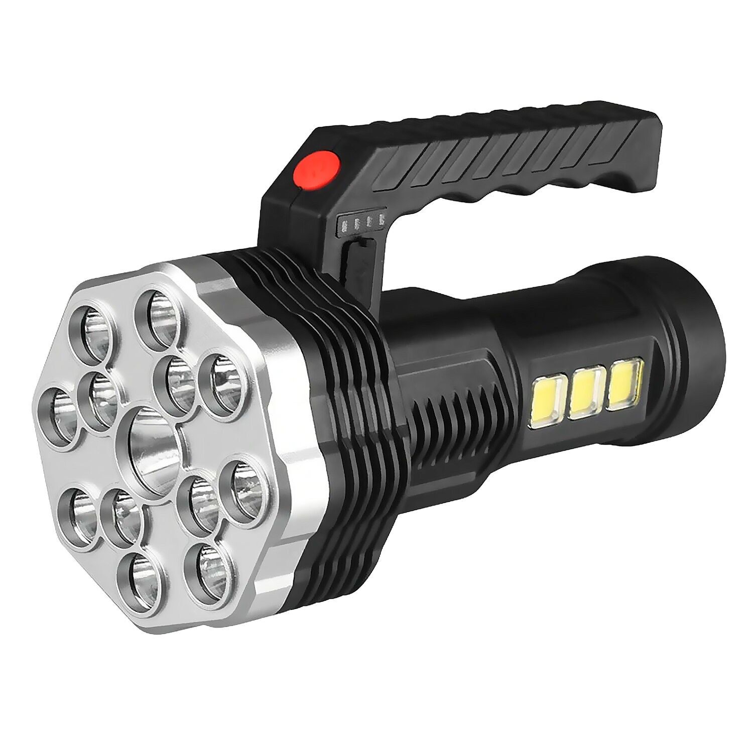 Hochleistungs-LED-Taschenlampe mit 13 LEDs, 4 Helligkeitsstufen, zusätzlichem COB-Licht und wiederaufladbarem 1200-mAh-Akku. Farbe: Schwarz