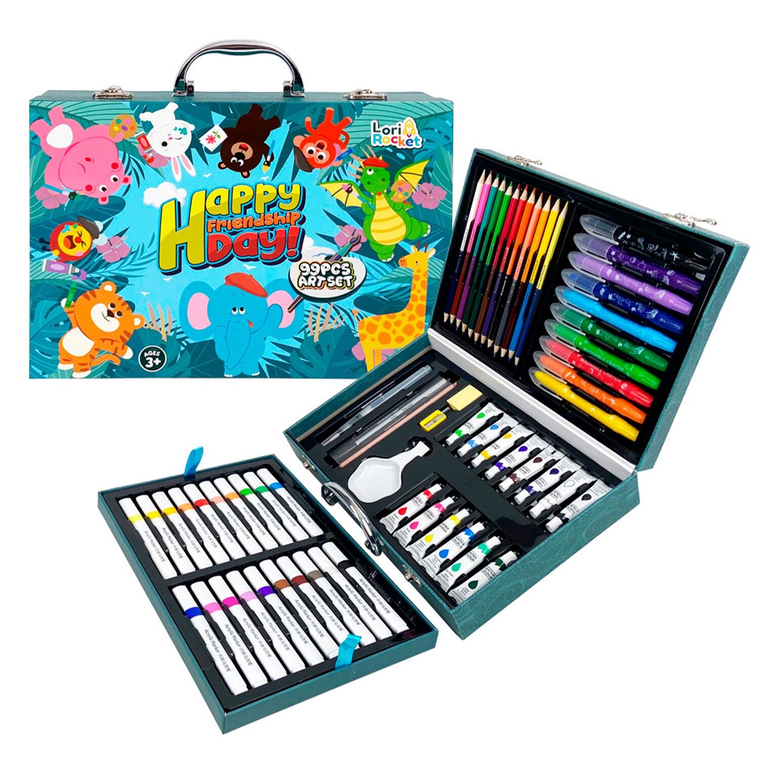 99-teiliger Künstlerkoffer mit Stiften und Markern, Wasserfarben, Pastellkreiden, Pinseln und Zubehör. Tiermotiv. Farbe: Mehrfarbig