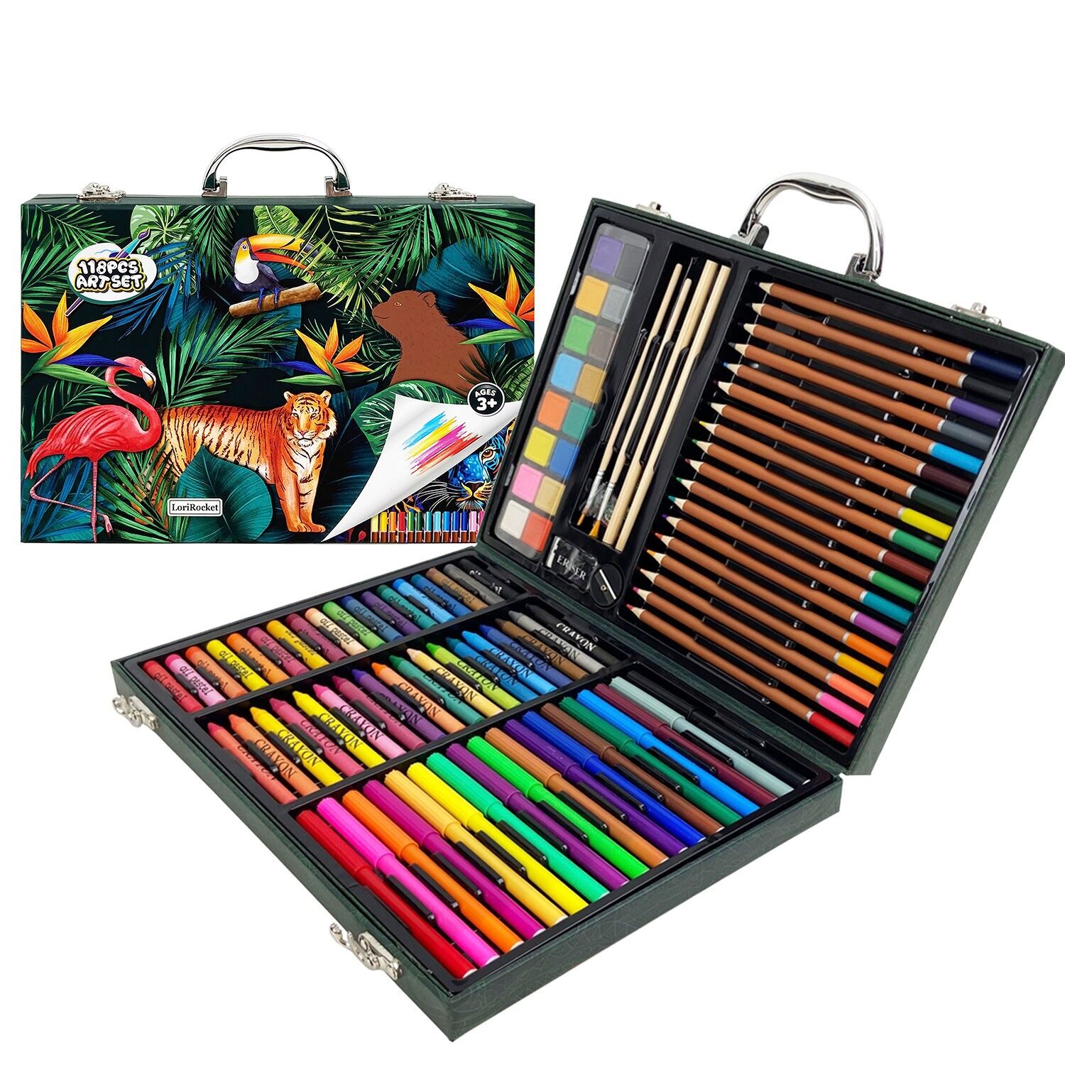 Künstlerkoffer für 118 Teile mit Bleistiften und Filzstiften, Wasserfarben, Pastellkreiden, Pinseln und Zubehör. Dschungeldesign. Farbe: Mehrfarbig