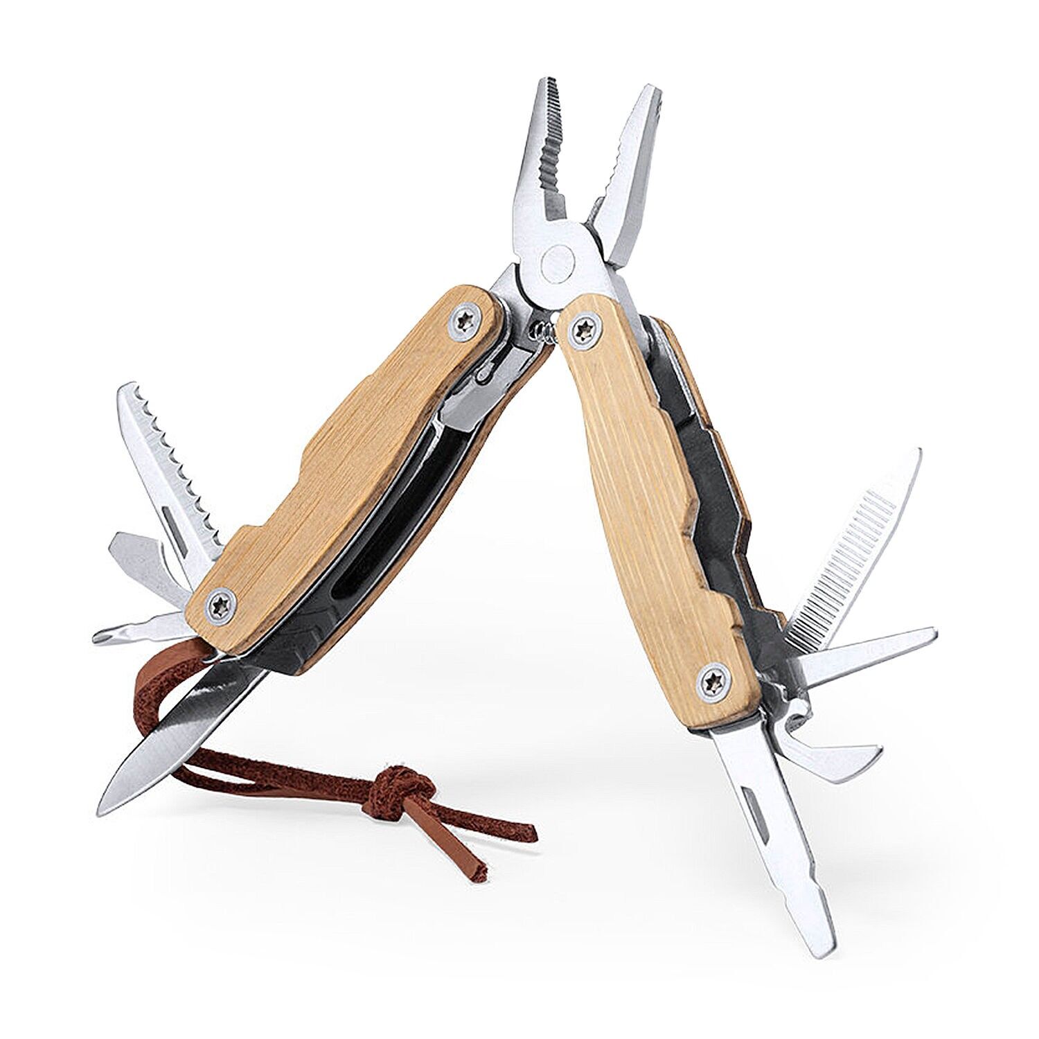 Das Folnax Multitool aus Edelstahl und Bambus mit 12 Funktionen wird mit einem Tragegurt aus Kunstleder geliefert.Farbe: Beige