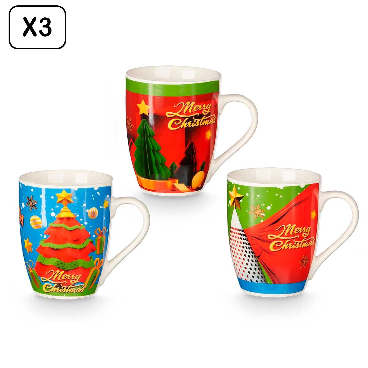 3er-Pack Weihnachtstassen, 350 ml. Sortiment mit 3 verschiedenen Baummotiven. Farbe: Mehrfarbig