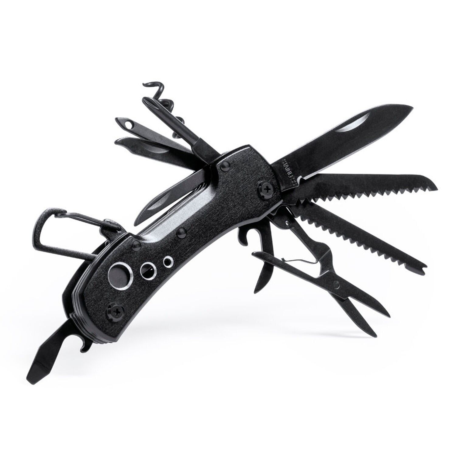 Komit Mehrzweckmesser mit Edelstahlbeschlägen und Aluminiumgriff. Mit 13 Funktionen. Farbe: Schwarz