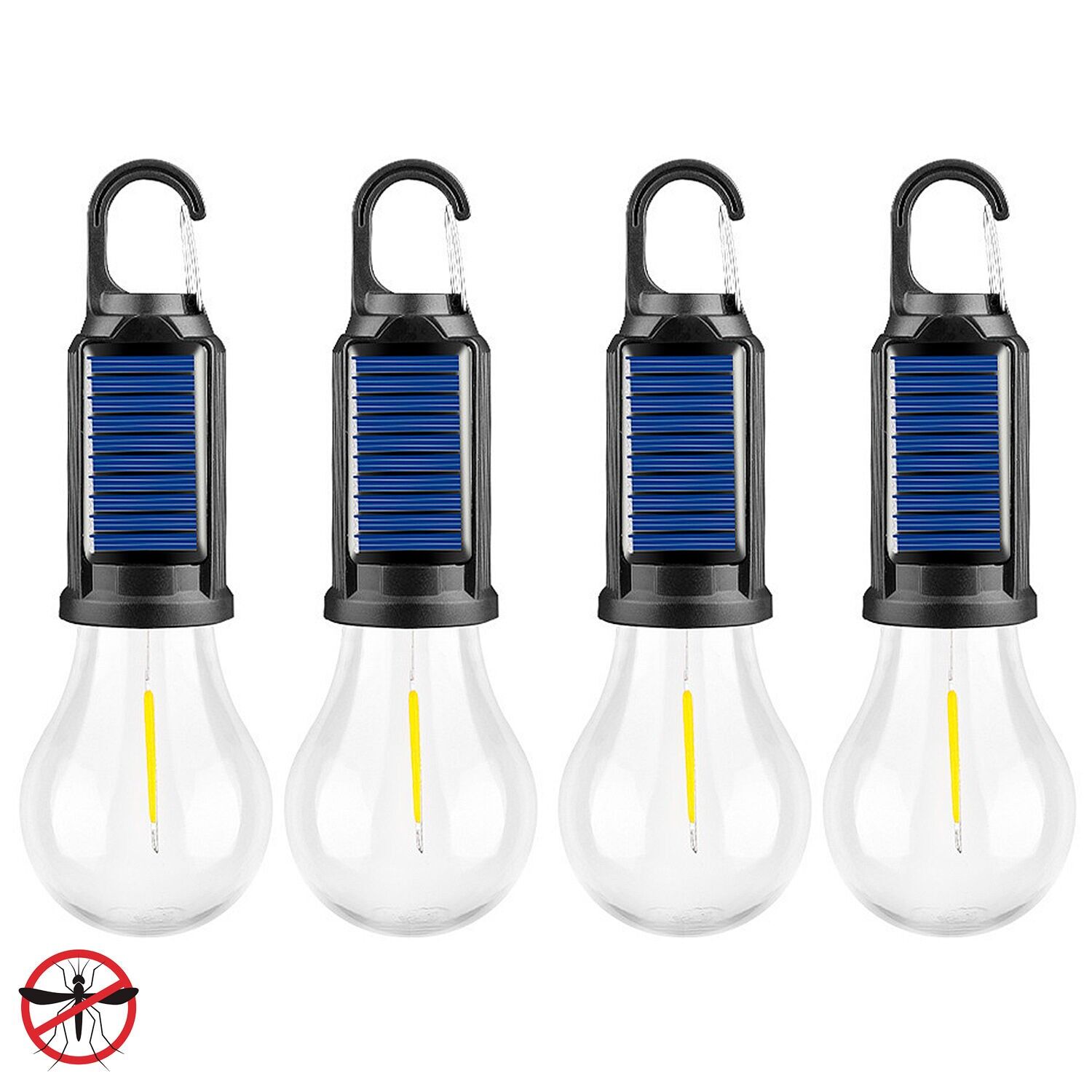 Pack of 4 T01 LED bulbs with solar charging and mosquito repellent, with hanging hook, 400mAh rechargeable battery, 5W and warm light up to 12 hours of duration, rain resistant.Color: Black Blue