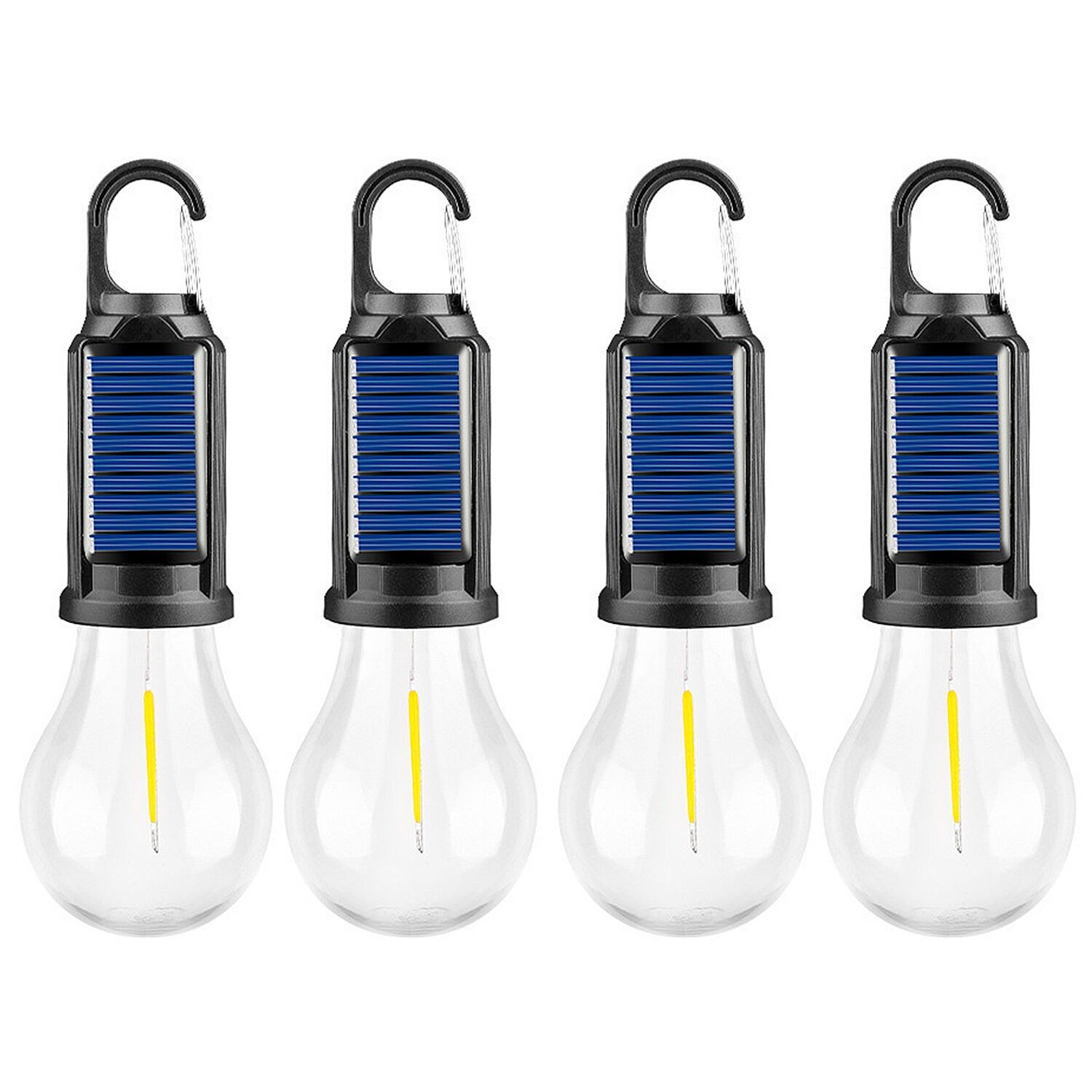 Pack of 4 T01 LED bulbs with solar charging, with hanging hook, 400mAh rechargeable battery, 5W and warm light up to 12 hours of duration, rain resistant.Color: Black Blue