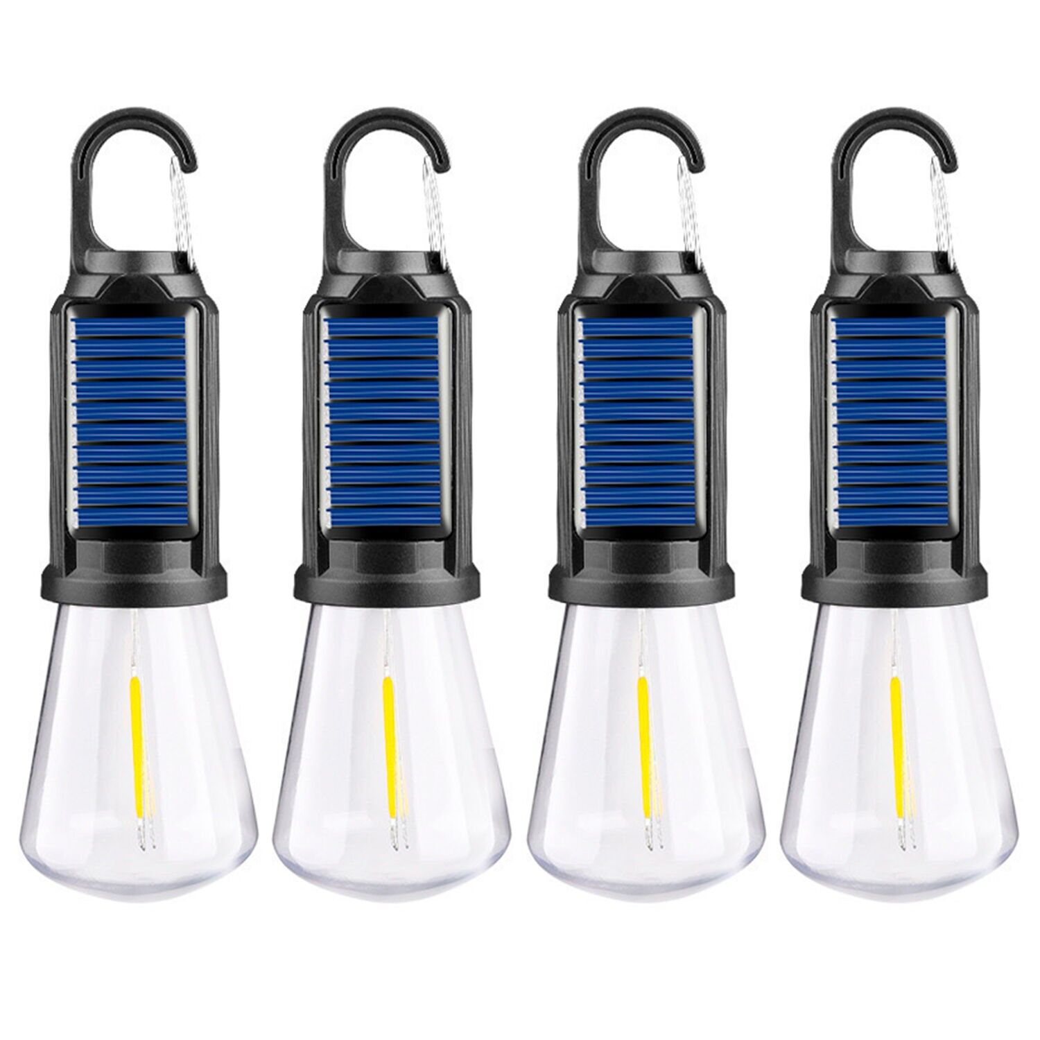 Pack of 4 T02 LED bulbs with solar charging, with hanging hook, 400mAh rechargeable battery, 5W and warm light up to 12 hours of duration, rain resistant.Color: Black Blue