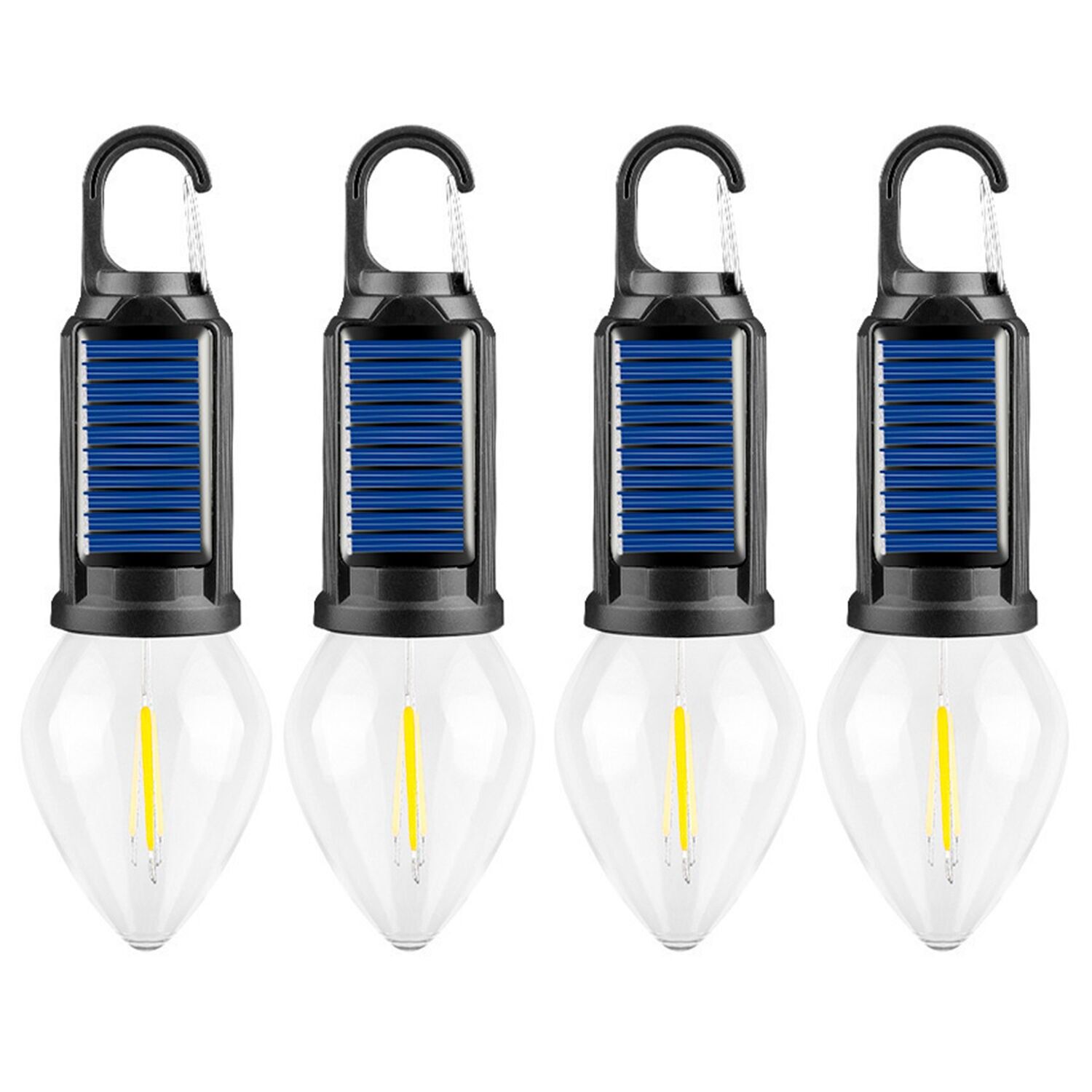 Pack of 4 T03 LED bulbs with solar charging, with hanging hook, 400mAh rechargeable battery, 5W and warm light up to 12 hours of duration, rain resistant.Color: Black Blue
