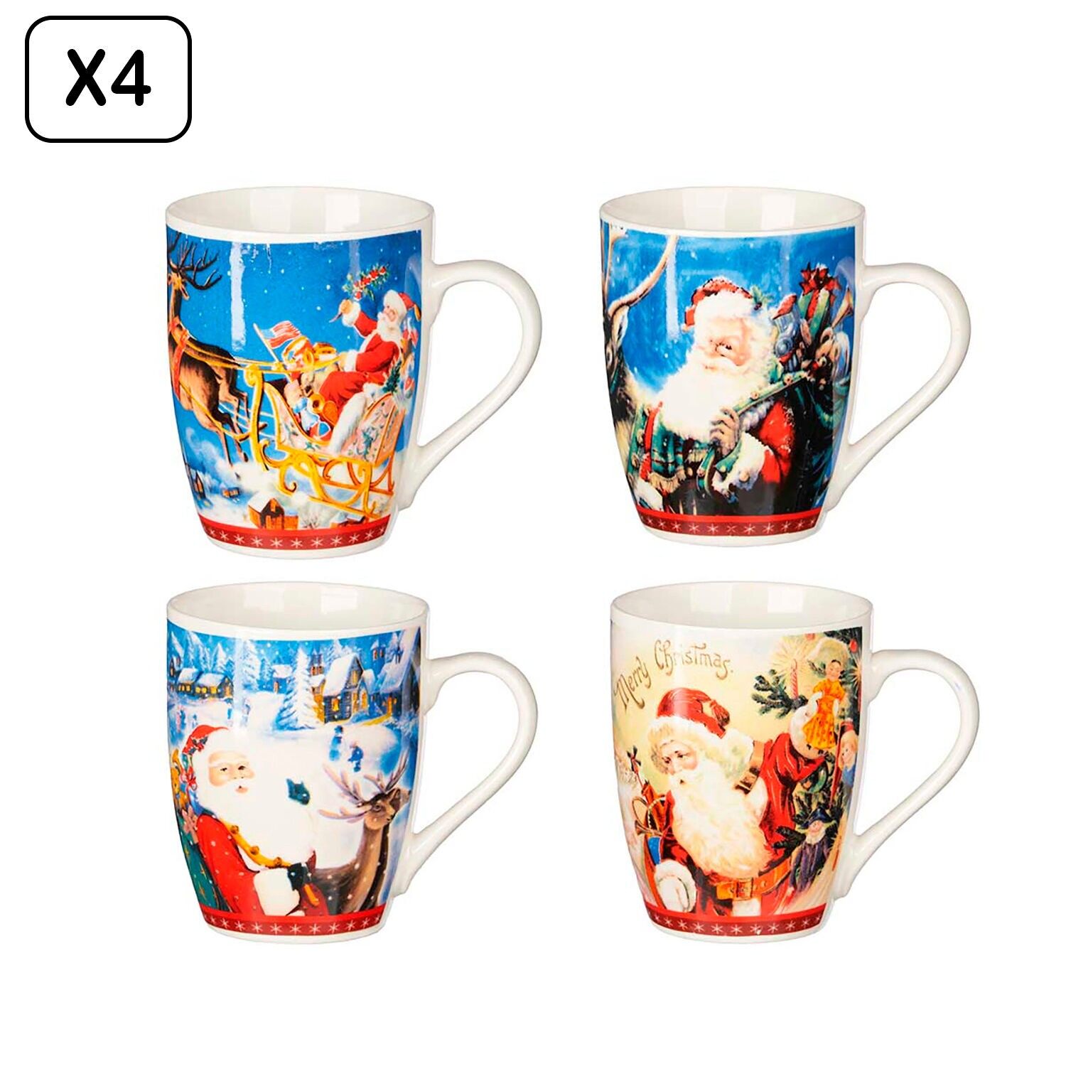 4er-Pack Weihnachtstassen, 350 ml. Sortiment mit 4 Weihnachtsmann-Motiven und Geschenken. Farbe: Mehrfarbig