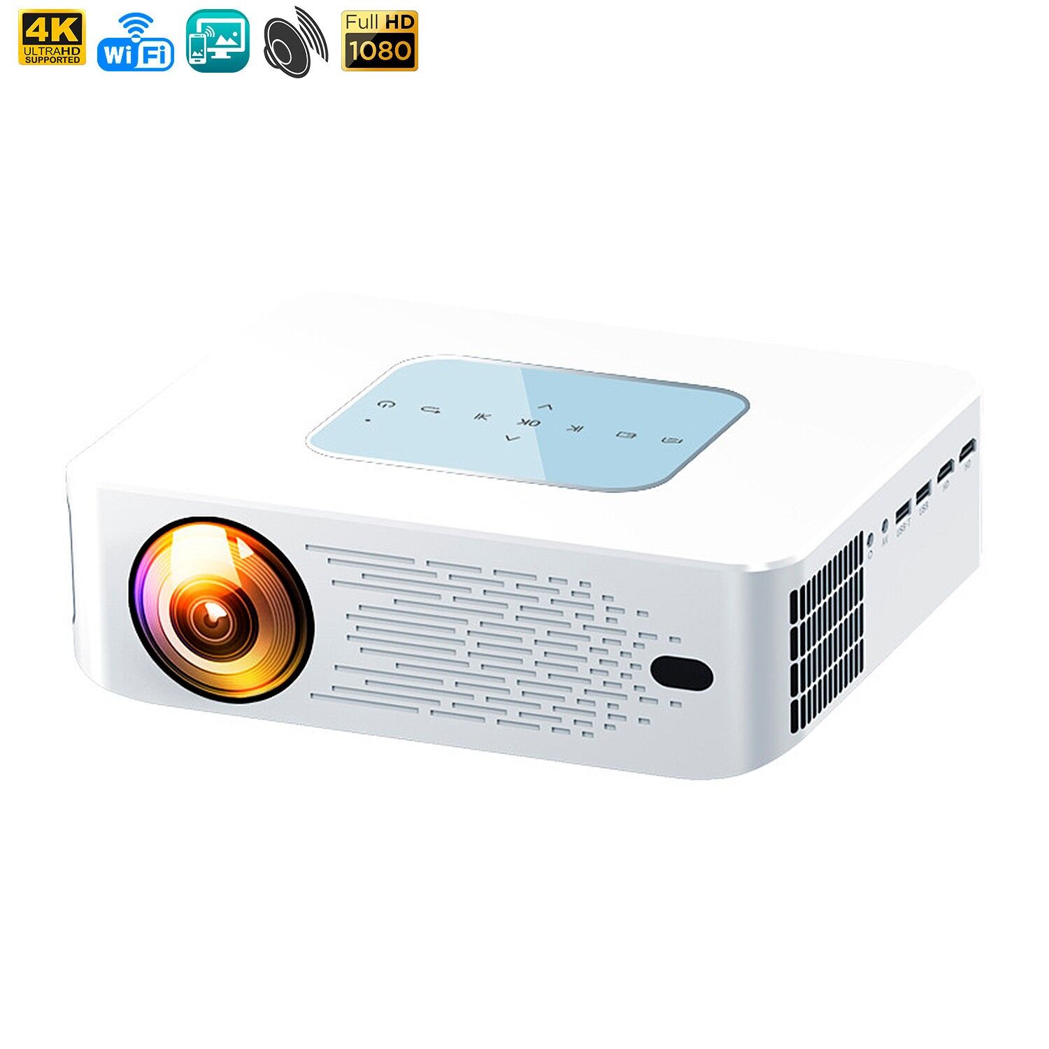 Der Y2 LCD-Projektor unterstützt 4K UHD und Bildschirmspiegelung für iOS und Android. Von 60 bis 150 Zoll, 260 lm. Mit Fernbedienung.Farbe: Weiß