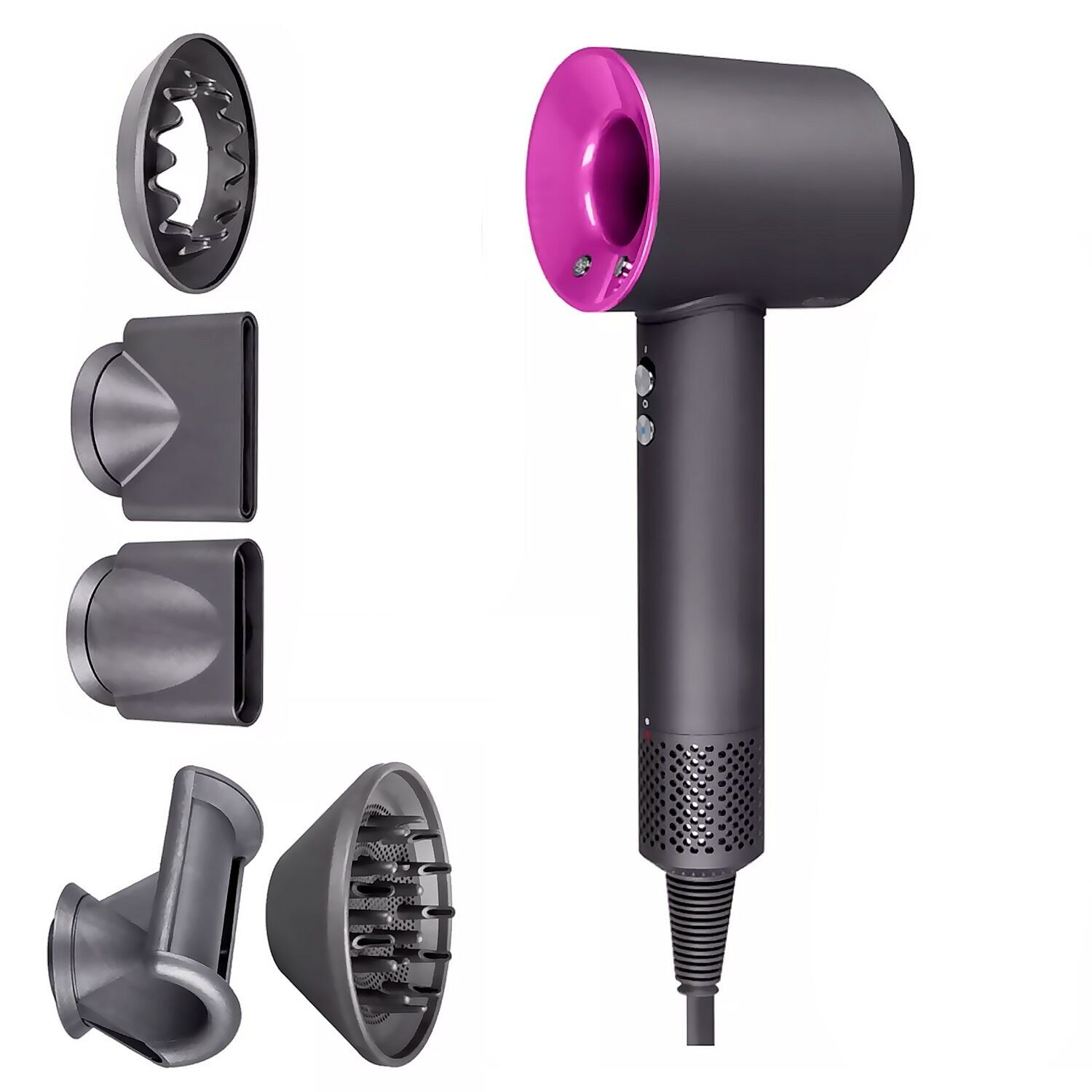 Ionen-Haartrockner mit 5 Aufsätzen, 4 Temperaturstufen und 3 Geschwindigkeitsstufen mit 1500 W Leistung. Farbe: Schwarz
