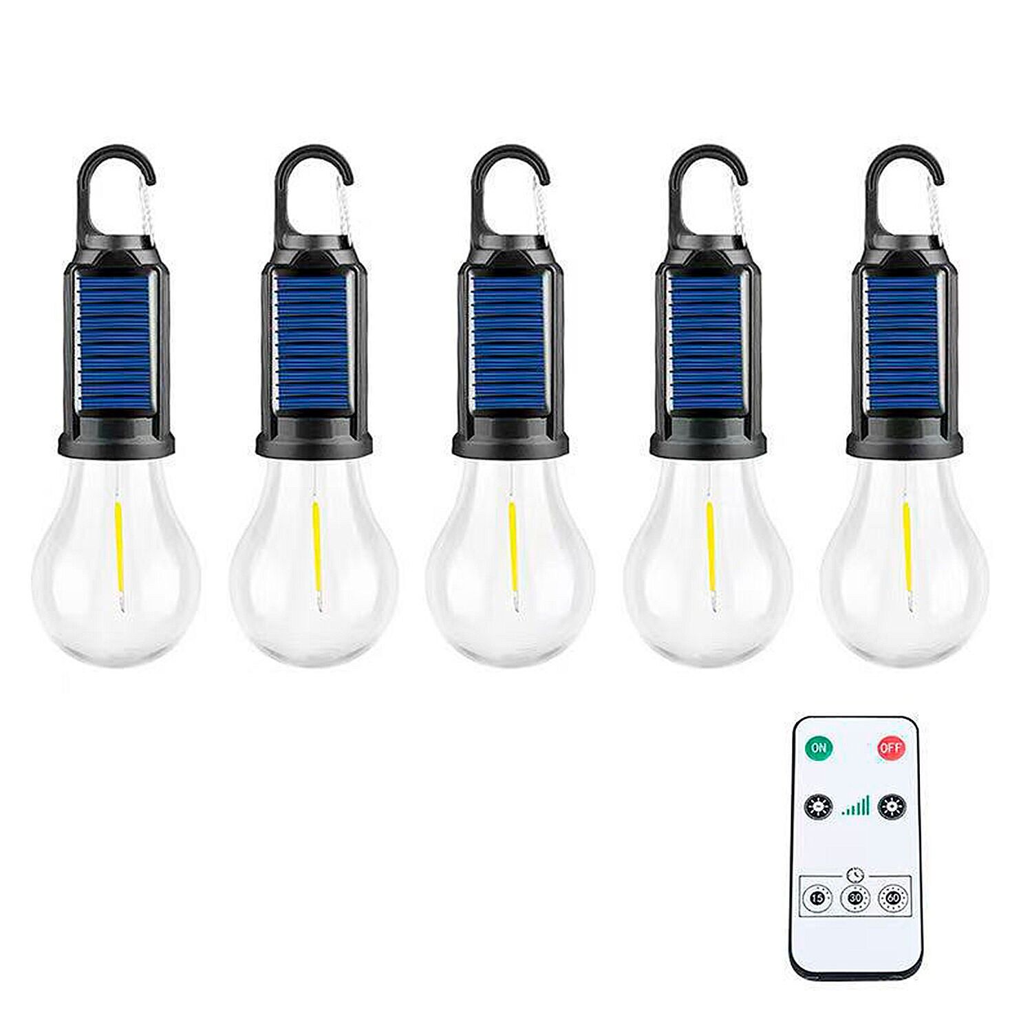Set mit 5 Solar-LED-Lampen inklusive Aufhängehaken, wiederaufladbarem Akku und Fernbedienung mit Timer und Helligkeitsregelung.Farbe: Schwarz Blau