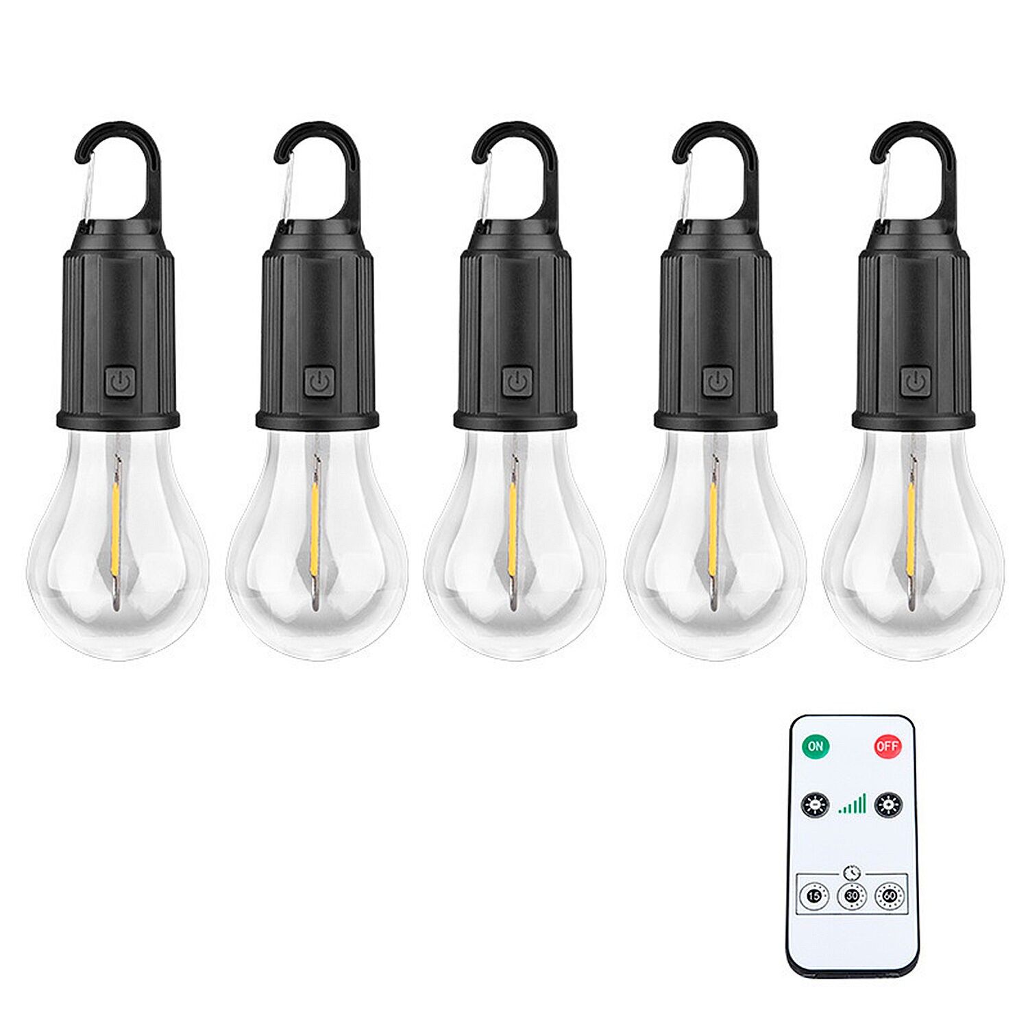 Set mit 5 LED-Lampen inklusive Aufhängehaken, wiederaufladbarem Akku und Fernbedienung mit Timer und Helligkeitsregelung. Farbe: Schwarz