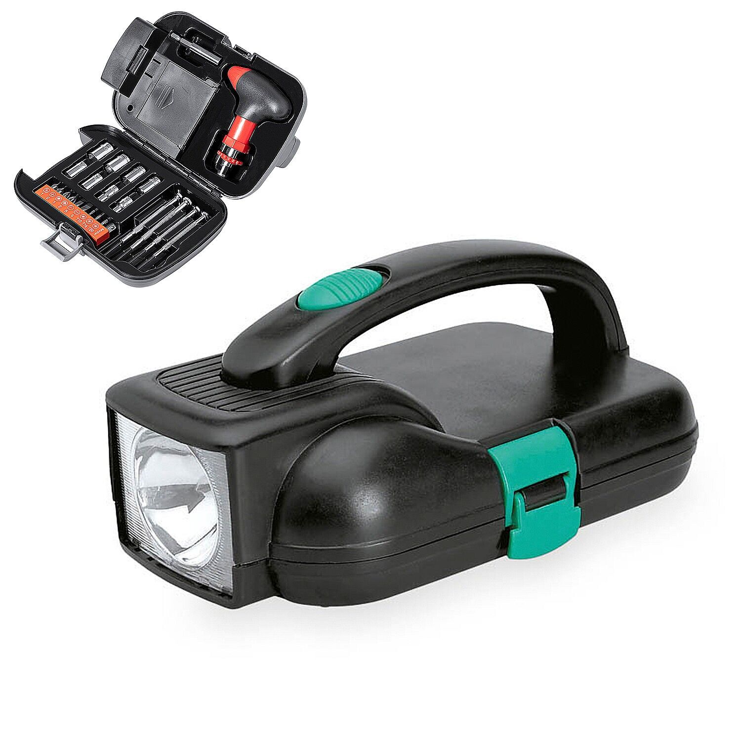 Vizcaya Werkzeugset mit 24 Zubehörteilen in einem robusten Koffer und integrierter LED-Taschenlampe. Farbe: Schwarz