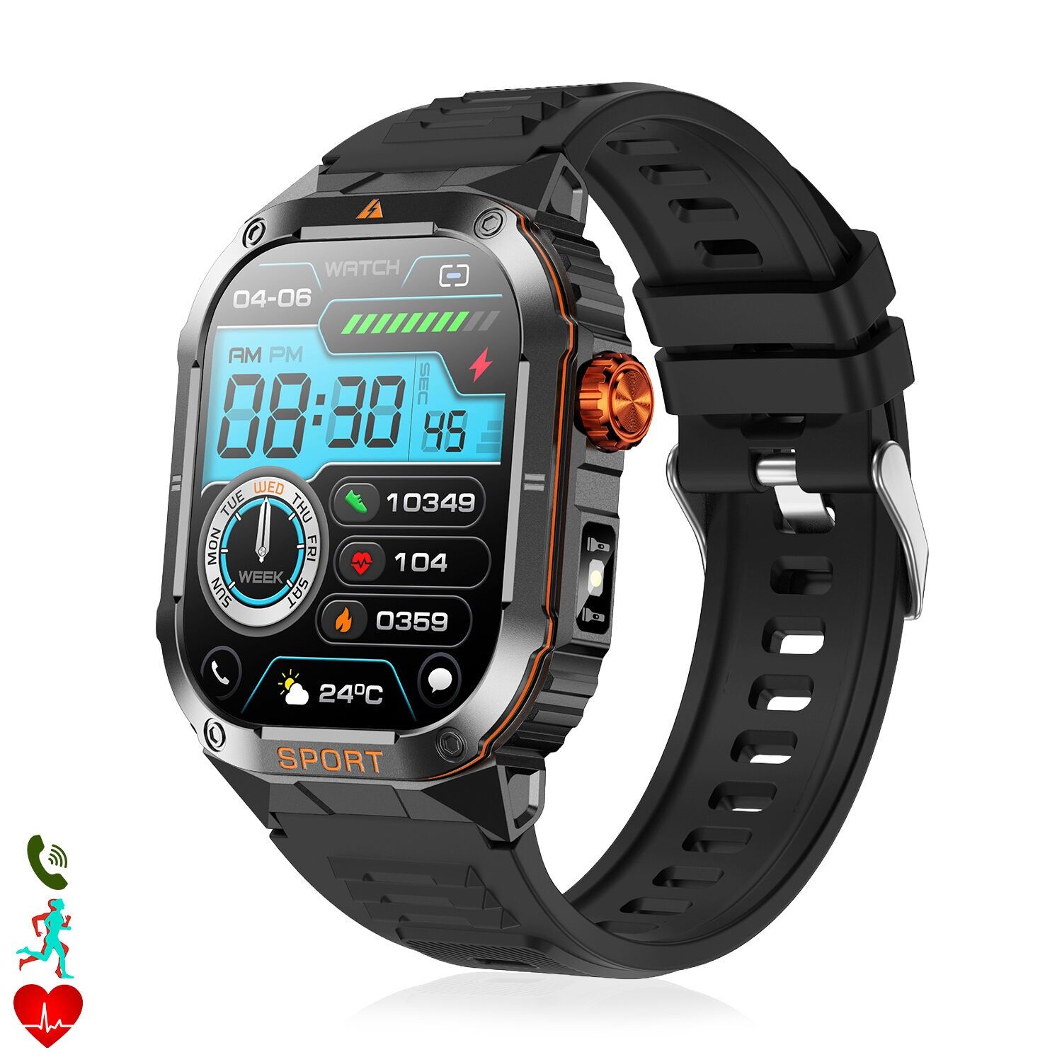 D16 Smartwatch mit intelligenter Multifunktionskrone, über 100 Sportmodi, Gesundheitsüberwachung und Taschenlampe. Farbe: Schwarz