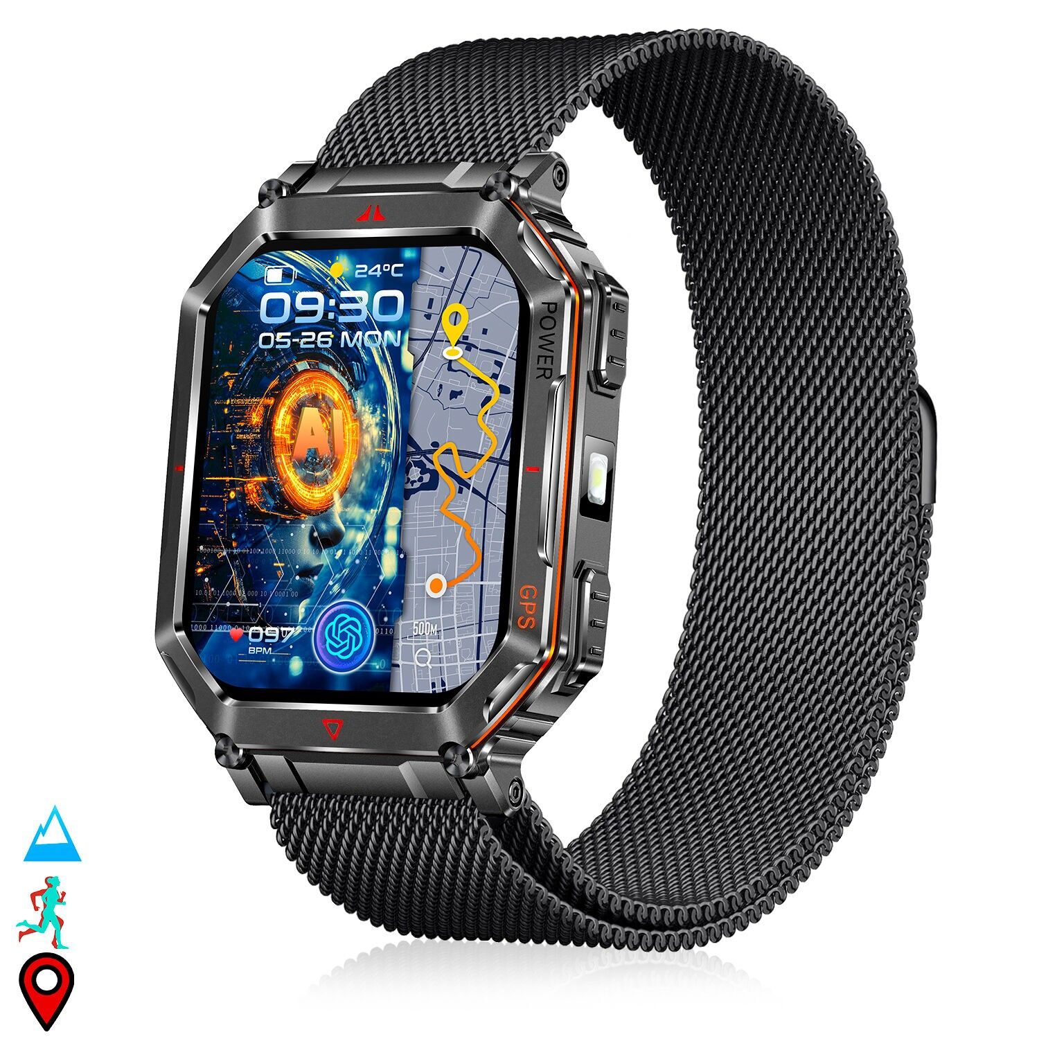KR92-Smartwatch mit BT-Anrufen, GPS, Scan-Tools, Herzfrequenzmesser, ChatGPT und über 100 Sportmodi. Magnetisches Metallarmband. Farbe: Schwarz