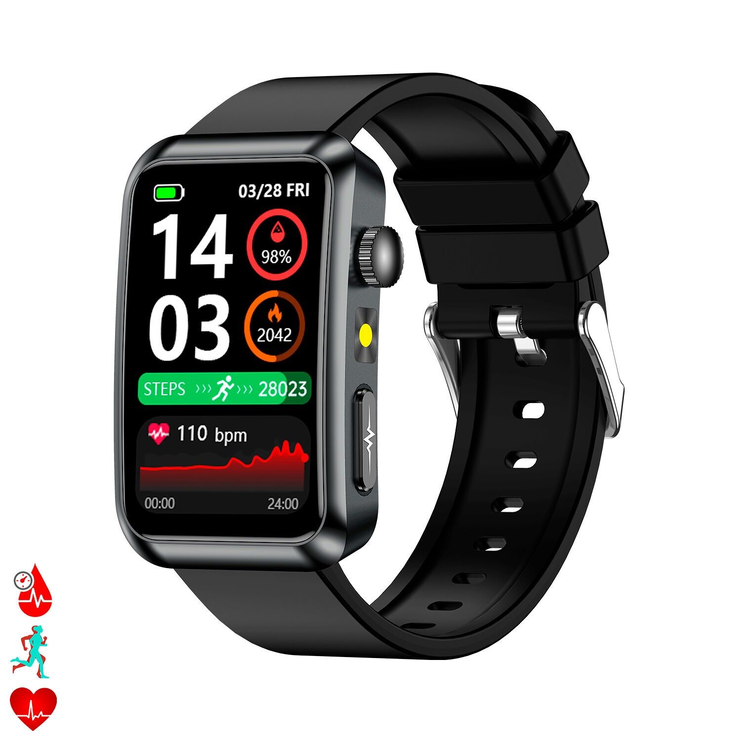 Smartwatch TK77. Bluetooth-Anrufe mit erweiterten Gesundheitsfunktionen: Messung von Glukose, Lipiden und Harnsäure, Körpertemperatur, EKG, EDA, mikrophysikalische Untersuchung und Körperzusammensetzung. Farbe: Schwarz