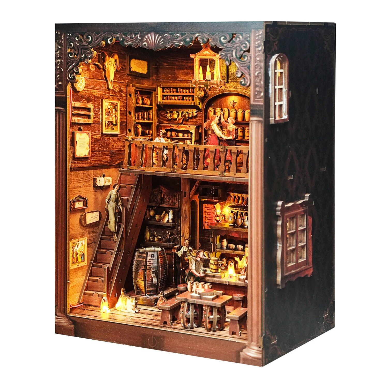 Eine altmodische Taverne. Bücherregal aus Holz mit 247 Teilen, realistisches 3D-Design mit vielen Details, LED-Beleuchtung und Staubschutzhülle. Farbe: Mehrfarbig