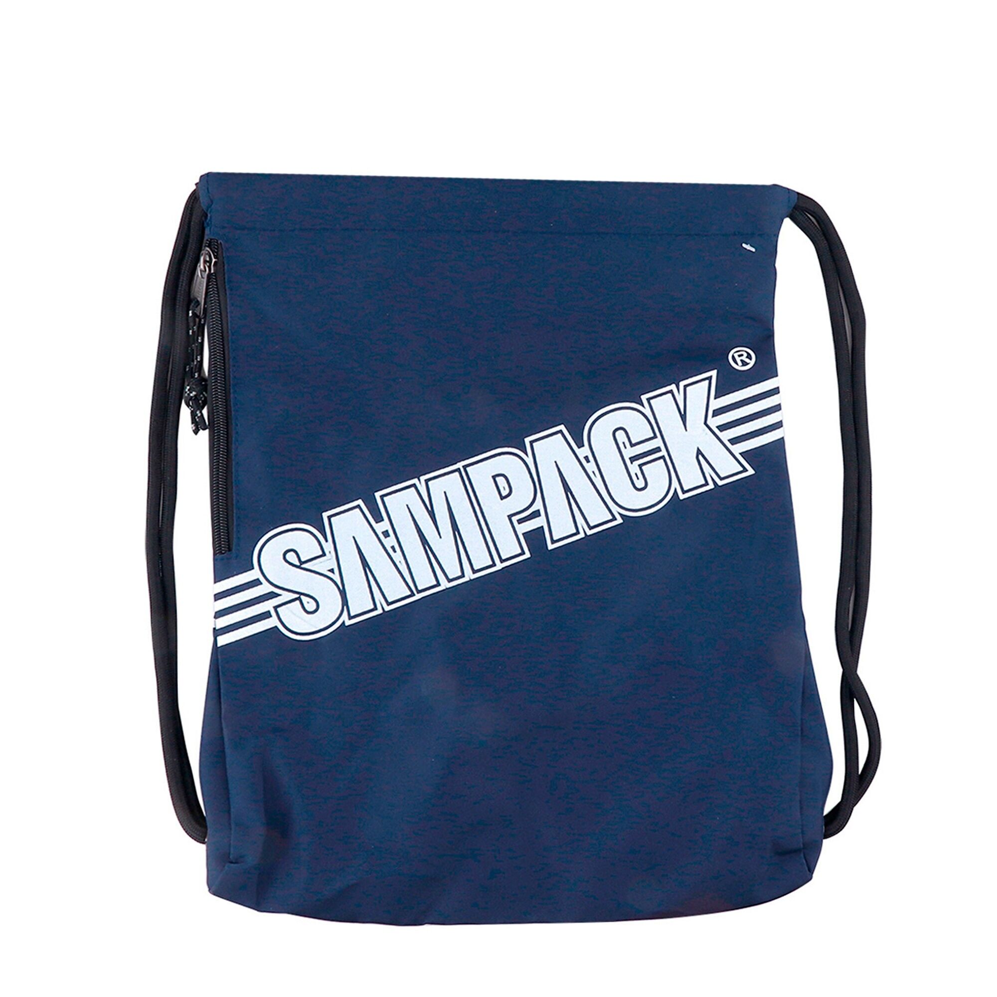 Marineblauer Sportbeutel mit Kordelzug und seitlicher Reißverschlusstasche.