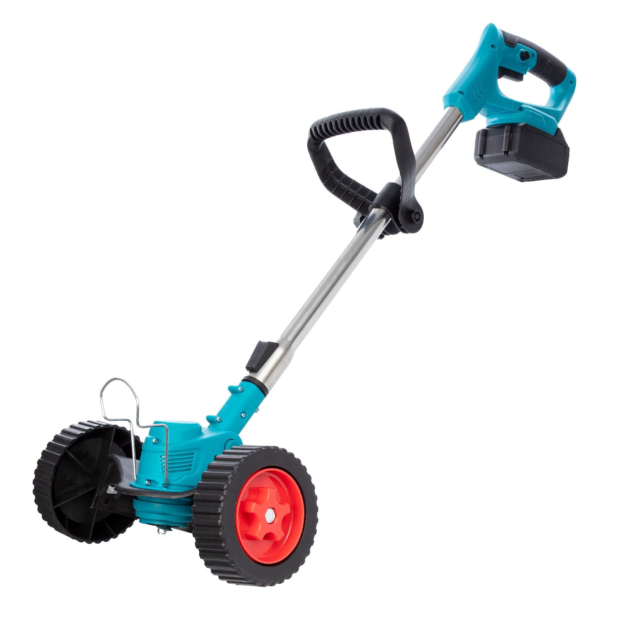 Tragbarer, wiederaufladbarer, kabelloser elektrischer Rasen- und Unkrauttrimmer mit Rädern.