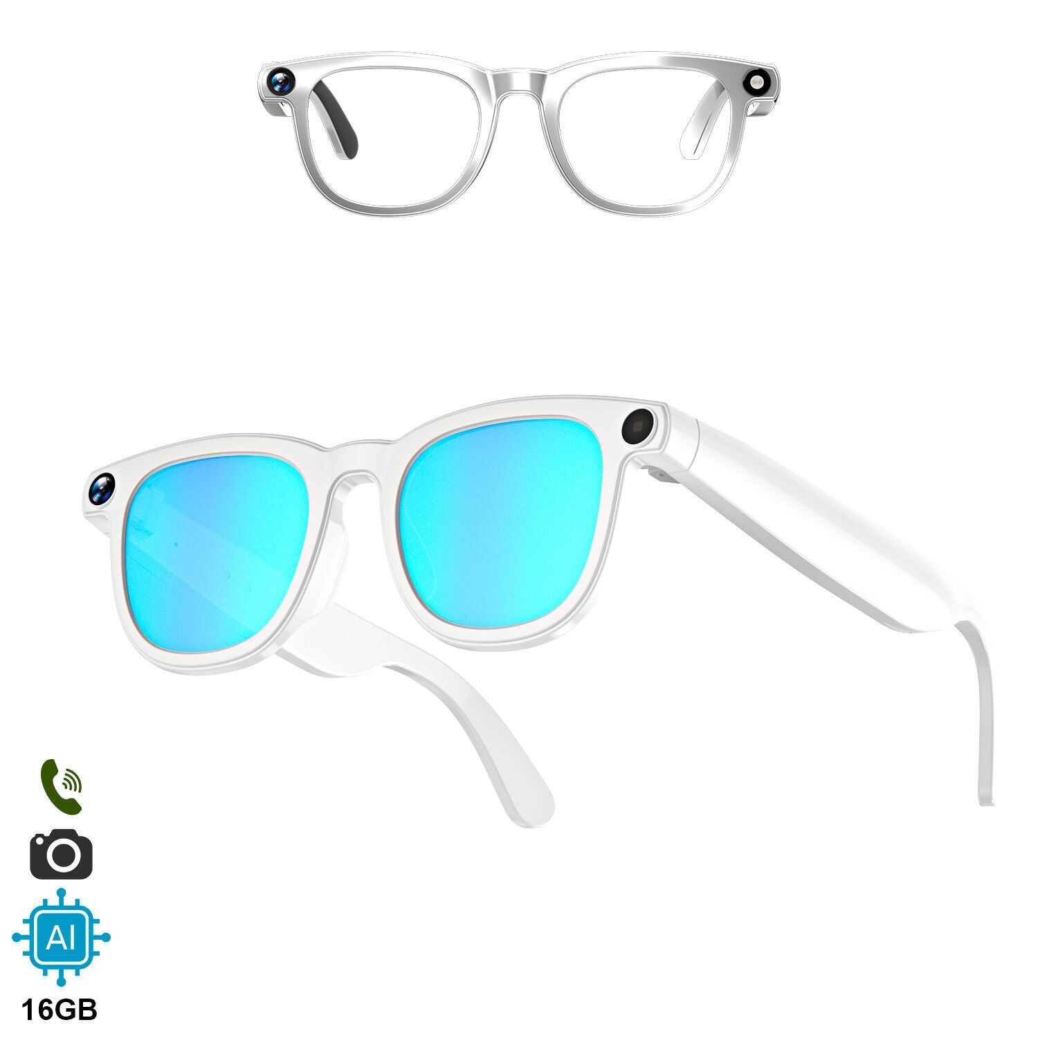 Occhiali intelligenti CY01. Con una fotocamera da 8 MPX per foto e video, traduttore AI in tempo reale e controllo di musica/chiamate. 16 GB di memoria, lenti colorate e trasparenti.