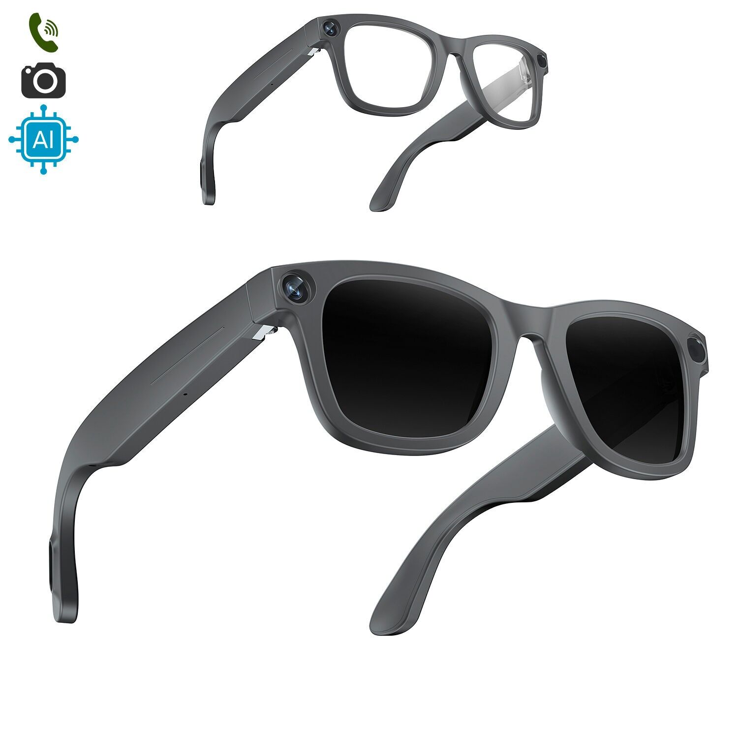 Occhiali intelligenti E3. Con una fotocamera da 8 MPX, registrazione video 1080p, traduttore AI in tempo reale e controllo di musica/chiamate. Con lenti scure e trasparenti.