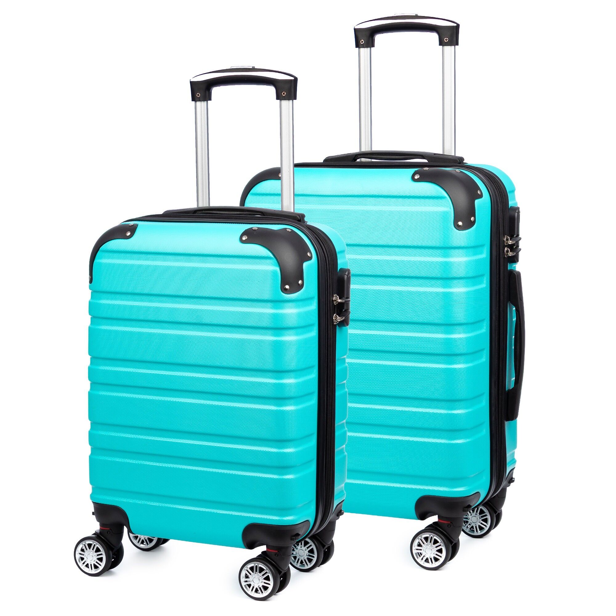 Set di 2 valigie trolley estensibili, realizzate in materiale ABS leggero e ad alta resistenza con angoli rinforzati. Serratura numerica, 4 ruote doppie girevoli a 360° e rimovibili.