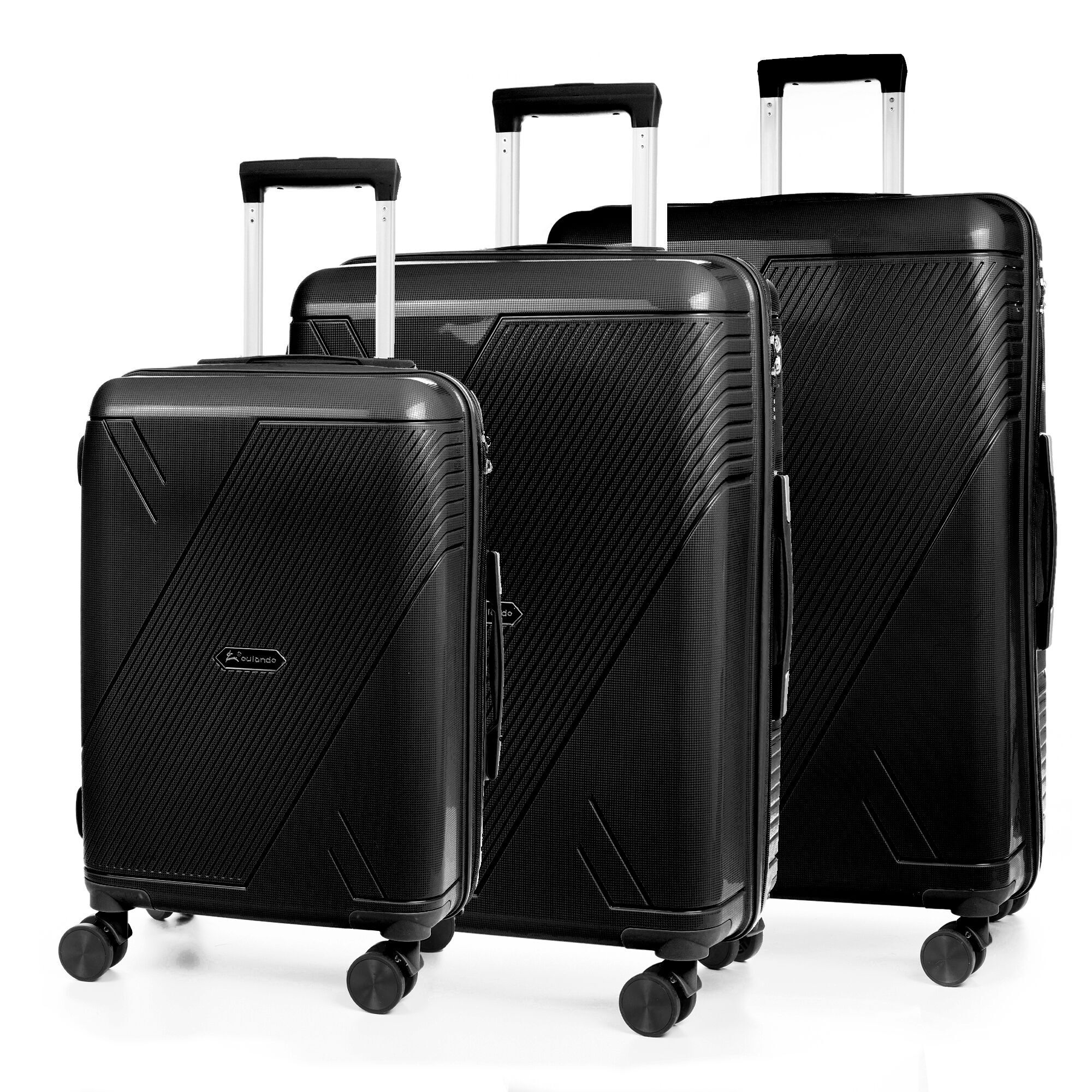 Set di 3 valigie trolley in PP resistente alla rottura. Lucchetto numerico TSA, 4 doppie ruote girevoli a 360°.