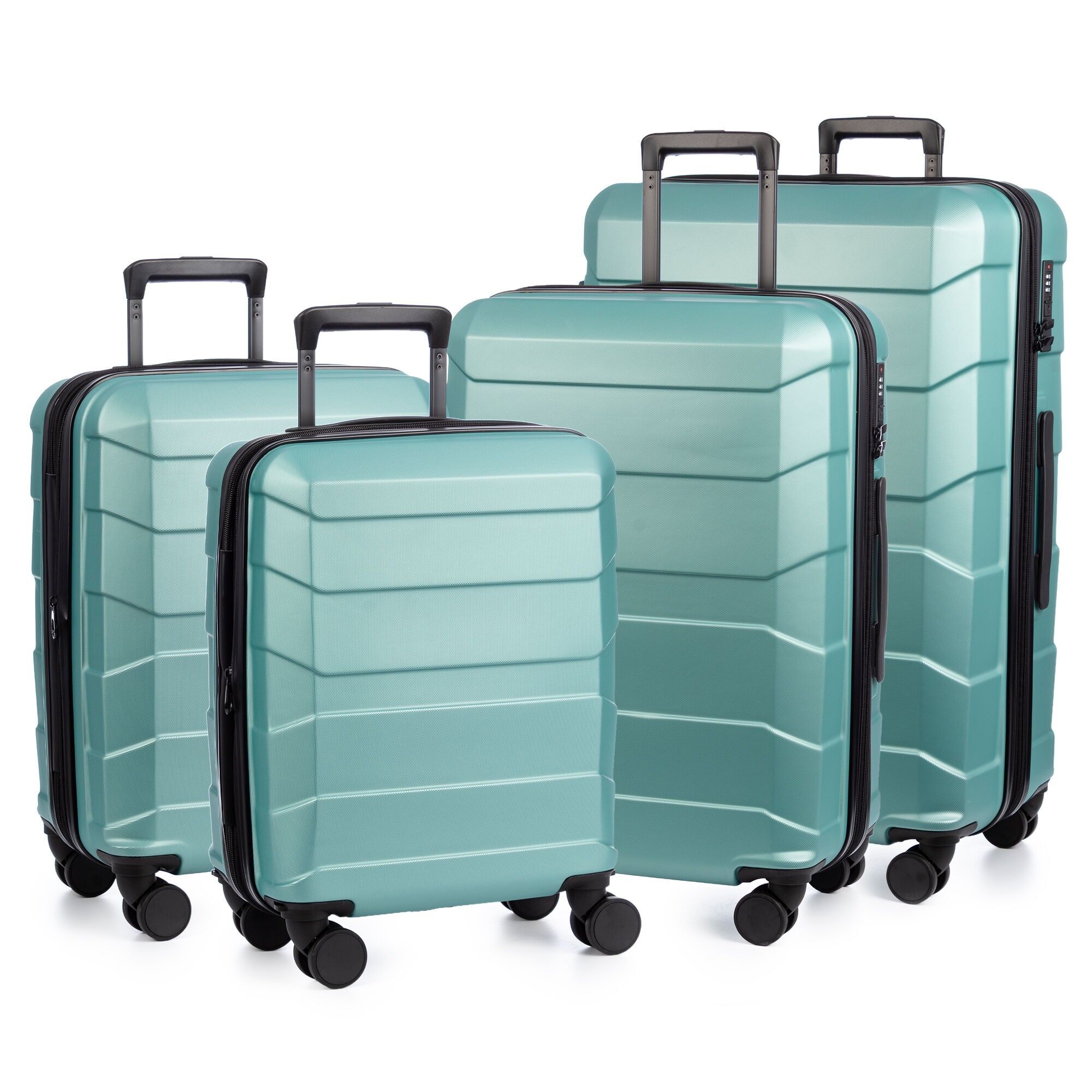 Set di 4 valigie trolley estensibili, realizzate in materiale ABS leggero e ad alta resistenza. Serratura numerica, 4 doppie ruote girevoli a 360°.