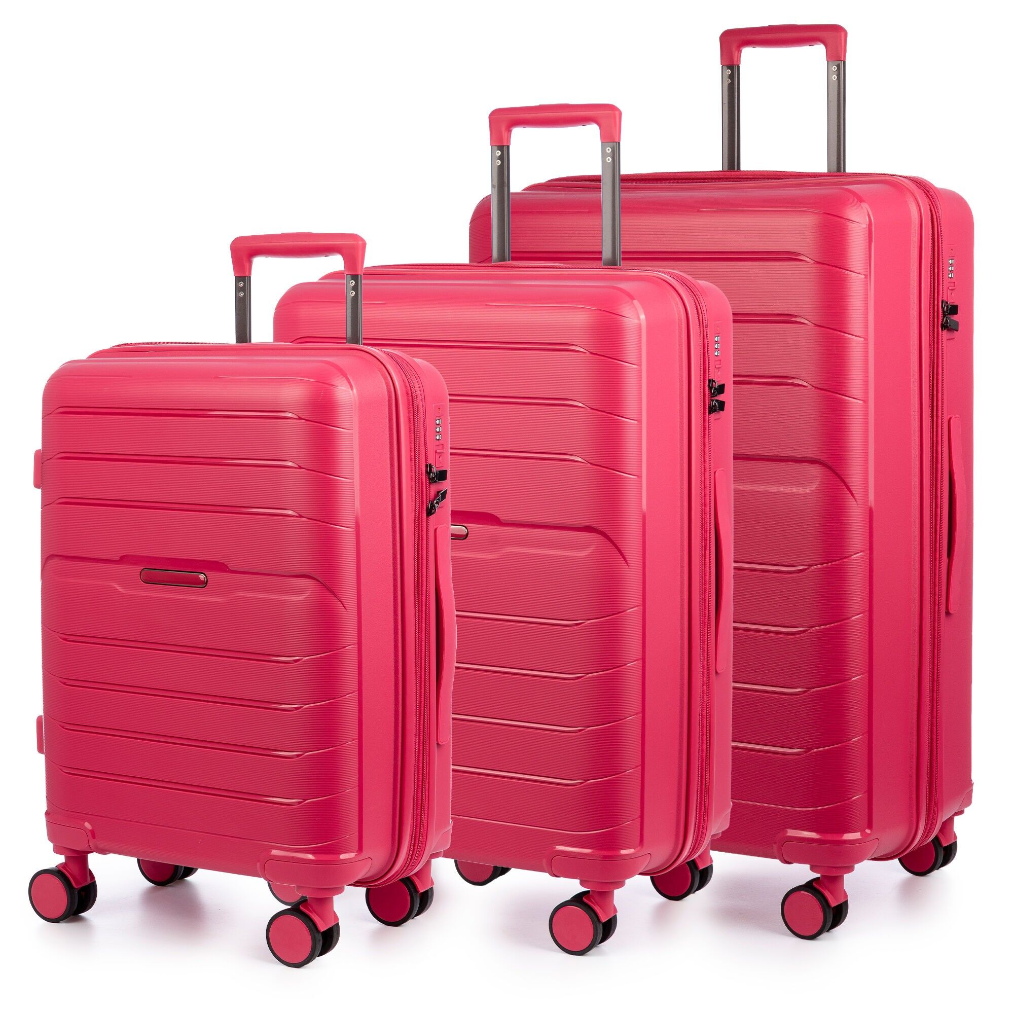 Set di 3 valigie trolley estensibili, realizzate in materiale PP leggero e resistente alla rottura. Lucchetto numerico TSA, 4 doppie ruote girevoli a 360°.