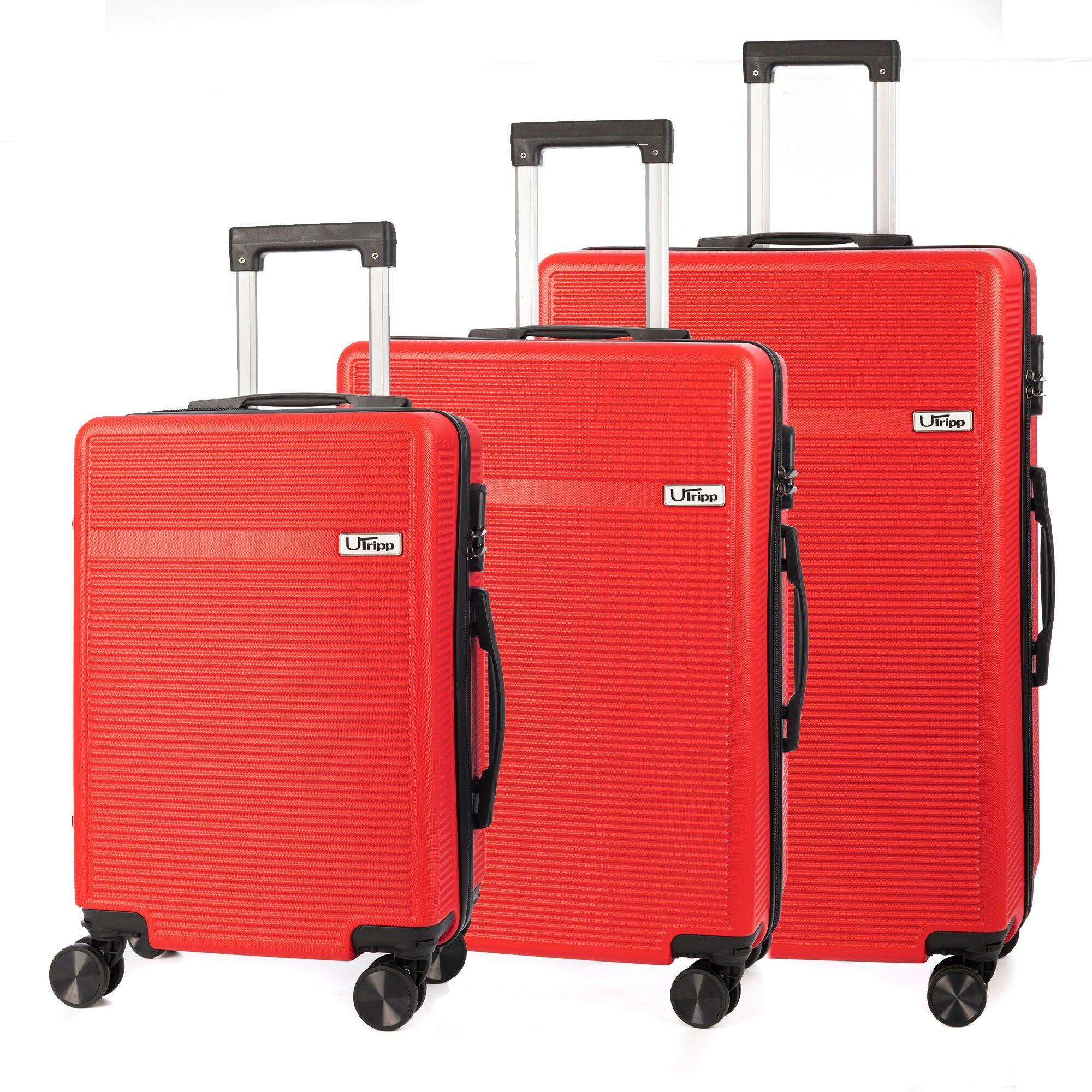 Set di 3 valigie trolley, realizzate in materiale ABS leggero e ad alta resistenza. Serratura numerica e 4 ruote doppie estraibili e girevoli a 360°.