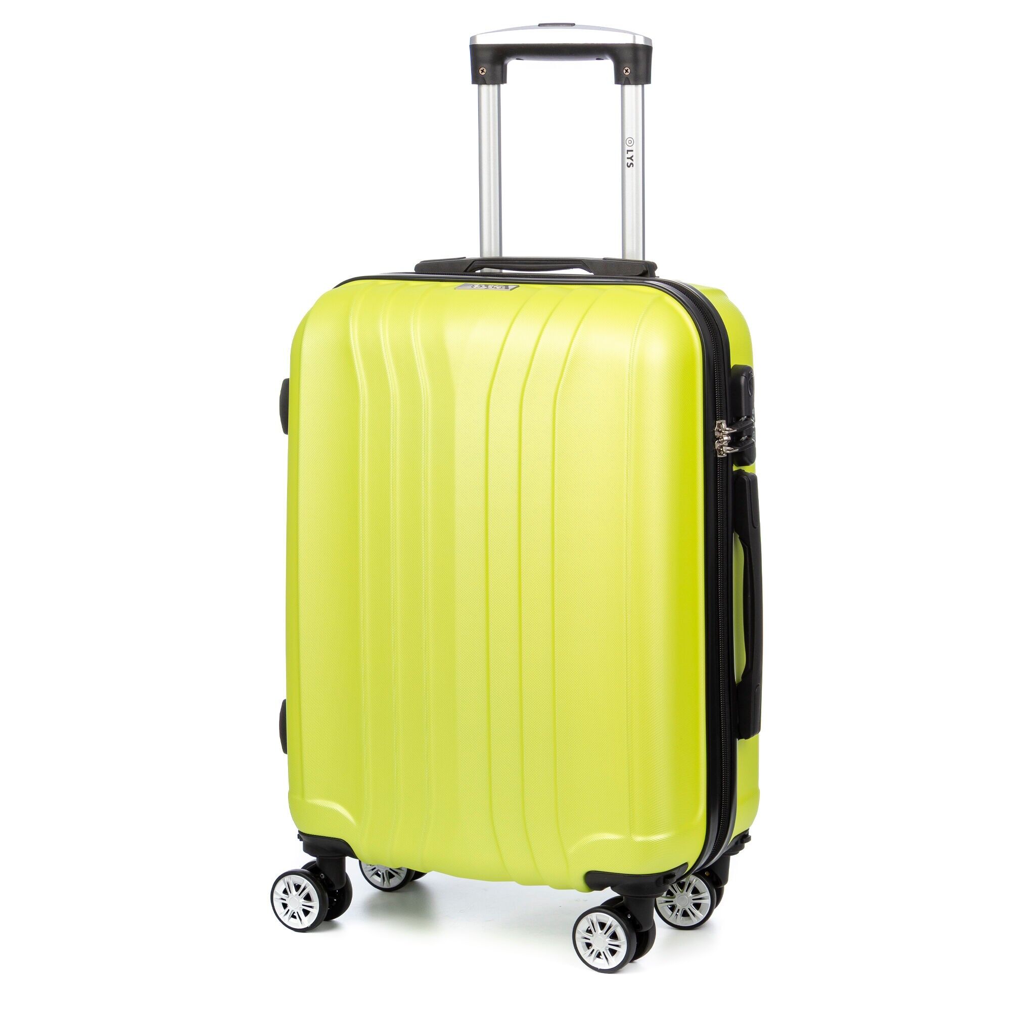 Valigia trolley da cabina in materiale ABS leggero e ad alta resistenza. Serratura numerica, 4 ruote doppie estraibili e girevoli a 360°. Dimensioni: 57x38x20 cm.