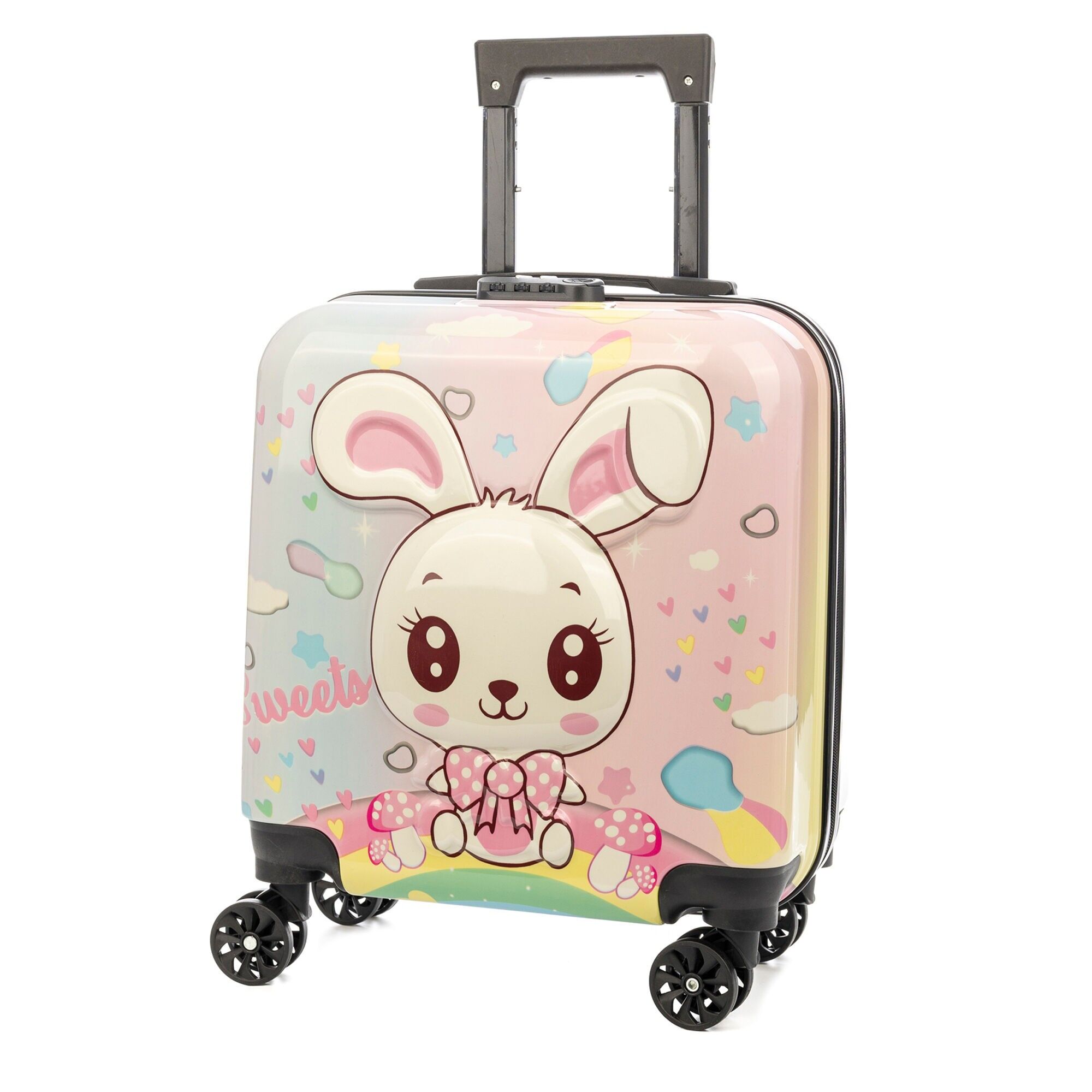 Valigia trolley per bambini realizzata in materiale ABS leggero e ad alta resistenza. Serratura numerica, 4 ruote doppie girevoli 360° 35x23x45 cm.