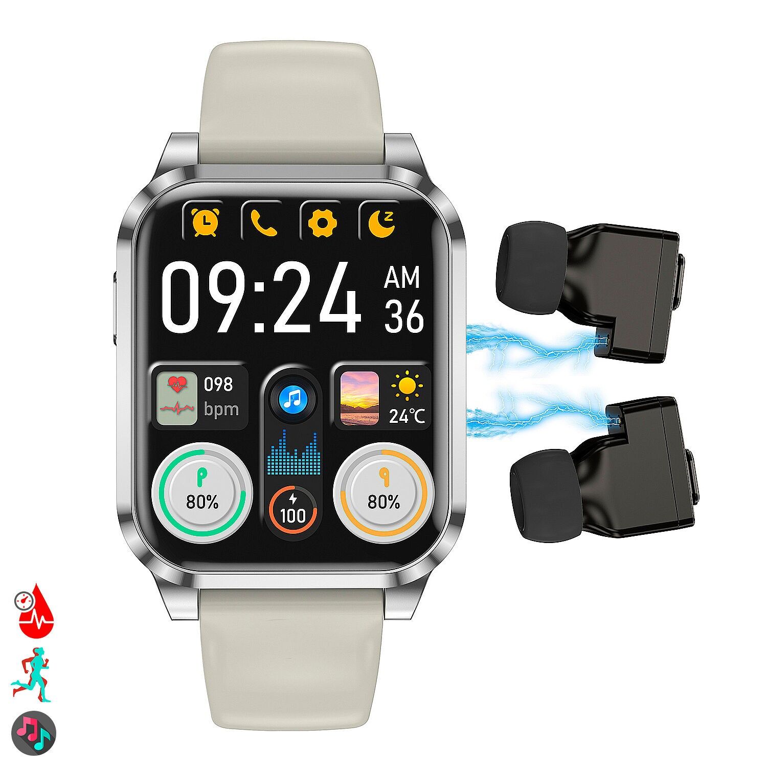 Orologio intelligente AIMB-Z20. Con termometro, modalità sport, cuffie Bluetooth integrate e 2 cinturini in silicone.