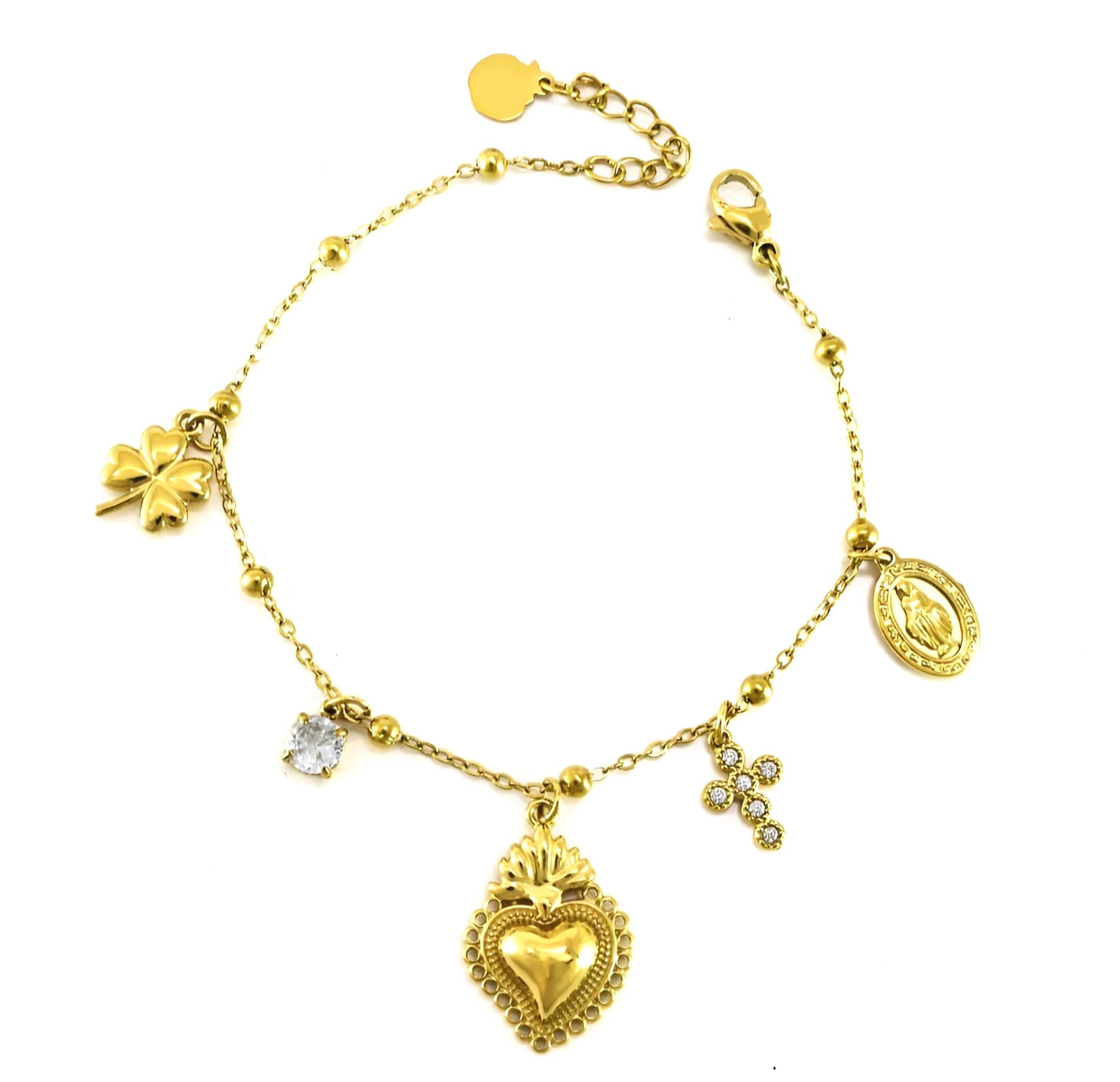 Charm Bracelet with Sacred Heart, Cross, and Clover Charms
