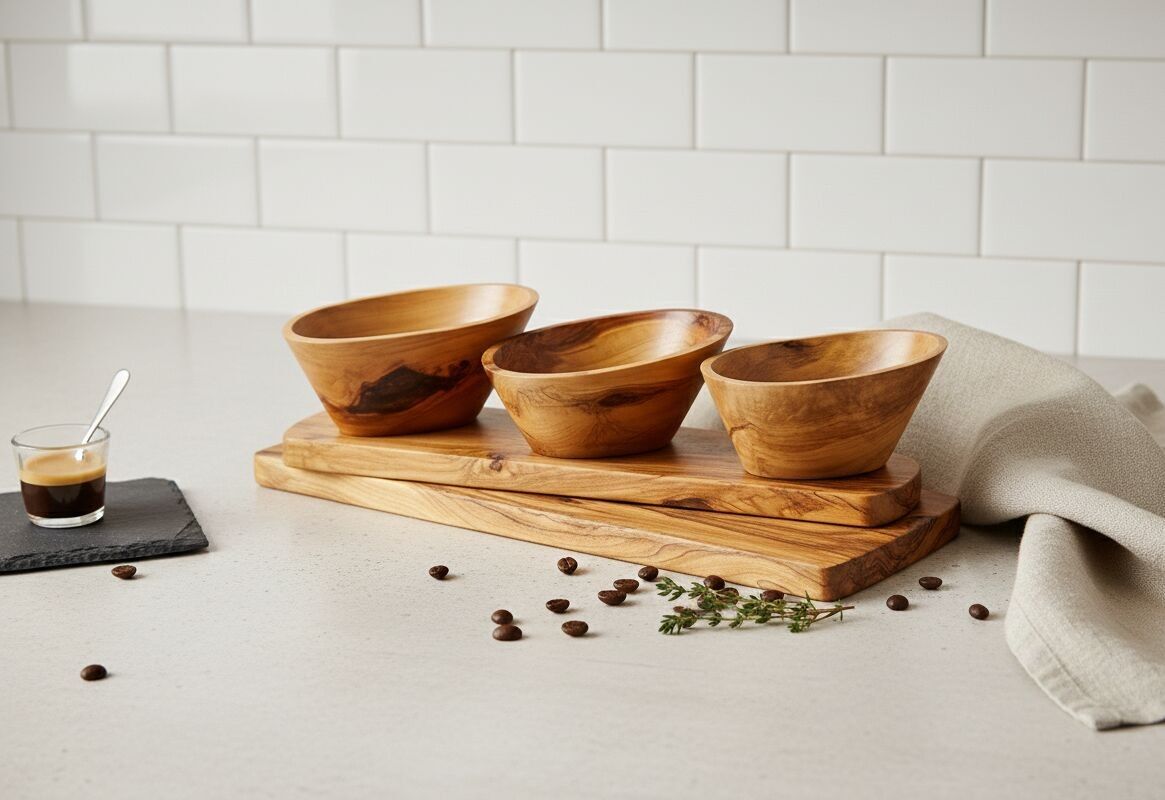 Servierset aus handgefertigtem Olivenholz – handgeschnitztes Brett mit passenden rustikalen Schalen