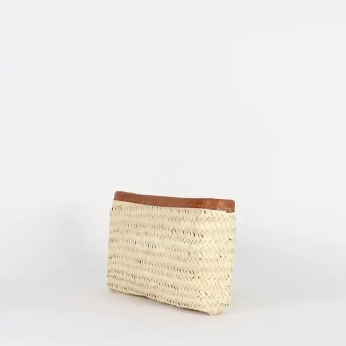 Bolso de mano marroquí de palma Doum, hecho a mano: paja natural con detalles de cuero.