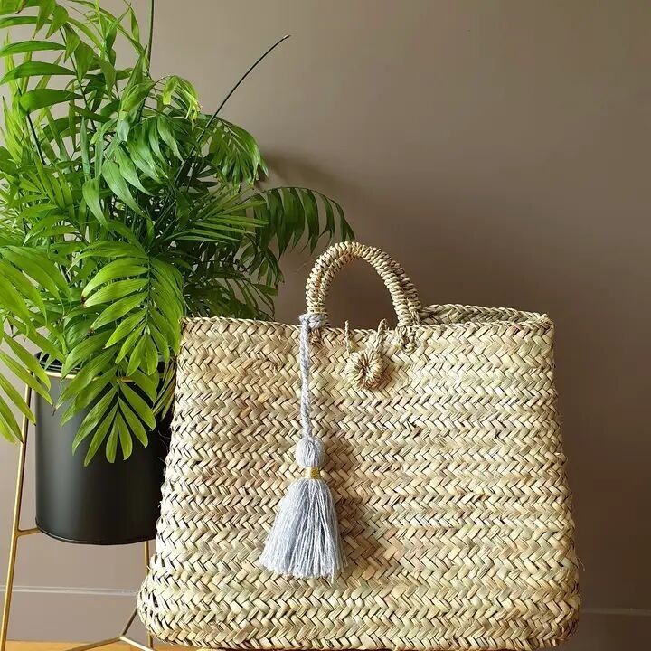 Panier de marché tressé en feuilles de palmier avec pompon – Sac de marché français fait main