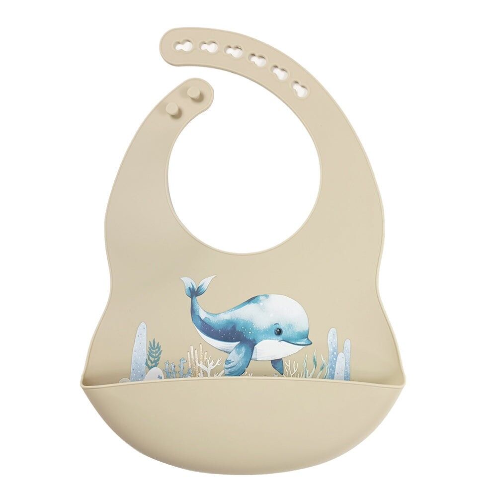 Bavoir en silicone avec bac de récupération Baleine - Beige