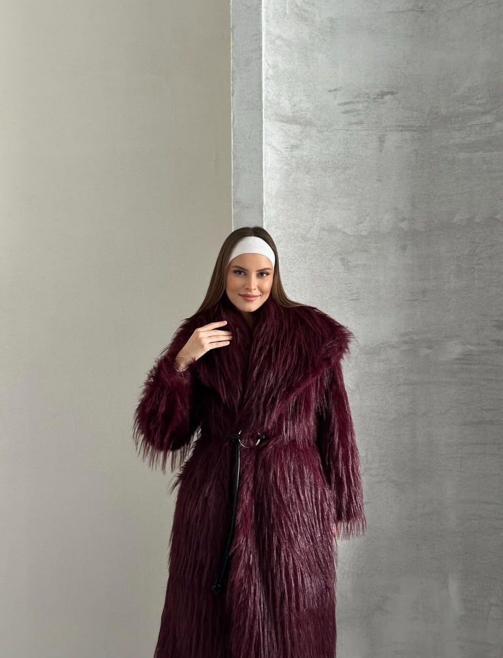 Cappotto lungo in pelliccia sintetica – Oversize – Borgogna