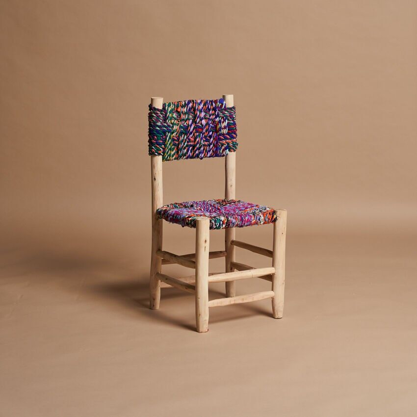 Sedia Hawa Multicolor - Legno marocchino lavorato a mano con tessuto intrecciato colorato | 90x40x40cm