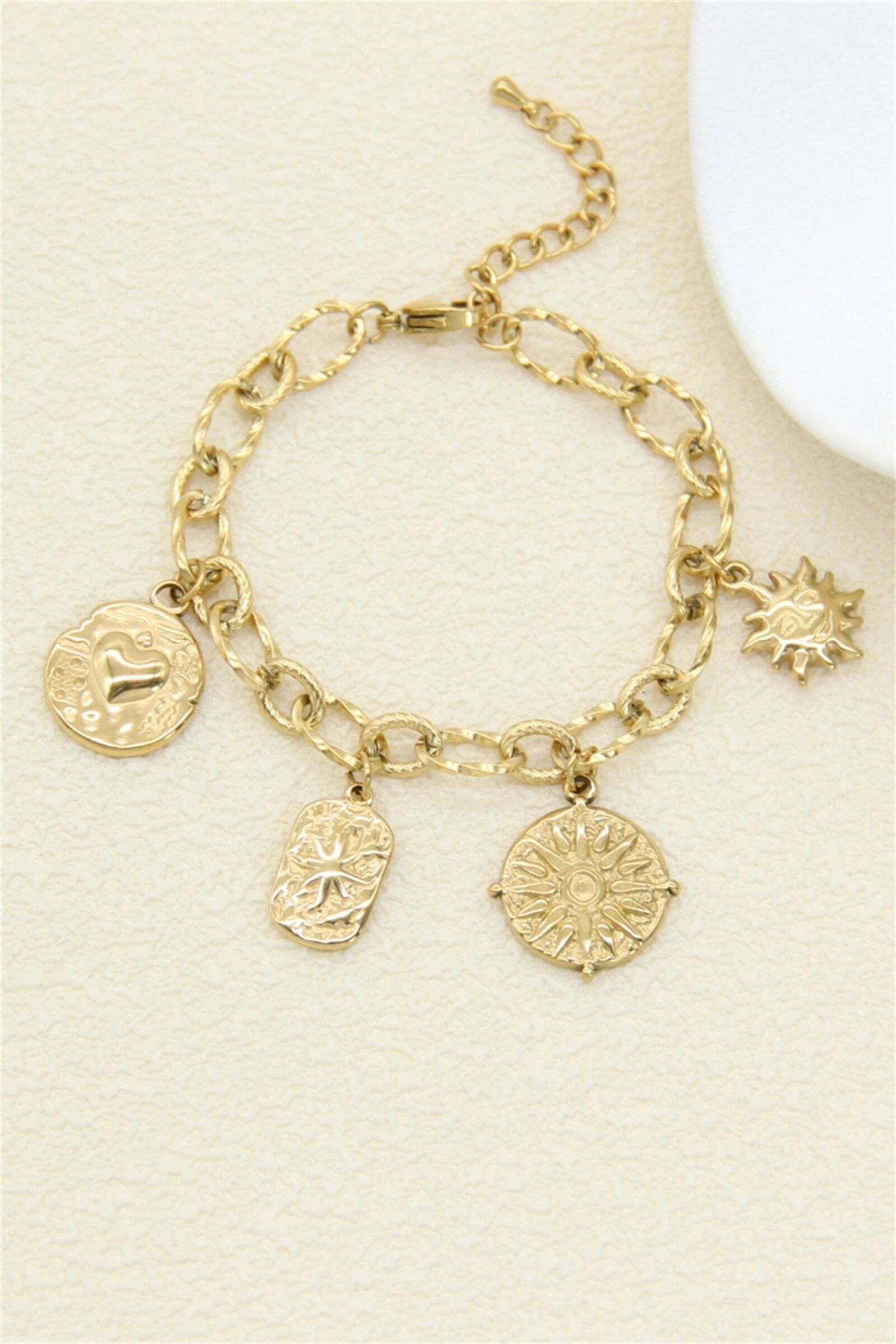 Women's Gold Charm Bracelet – Sun & Heart Medallions