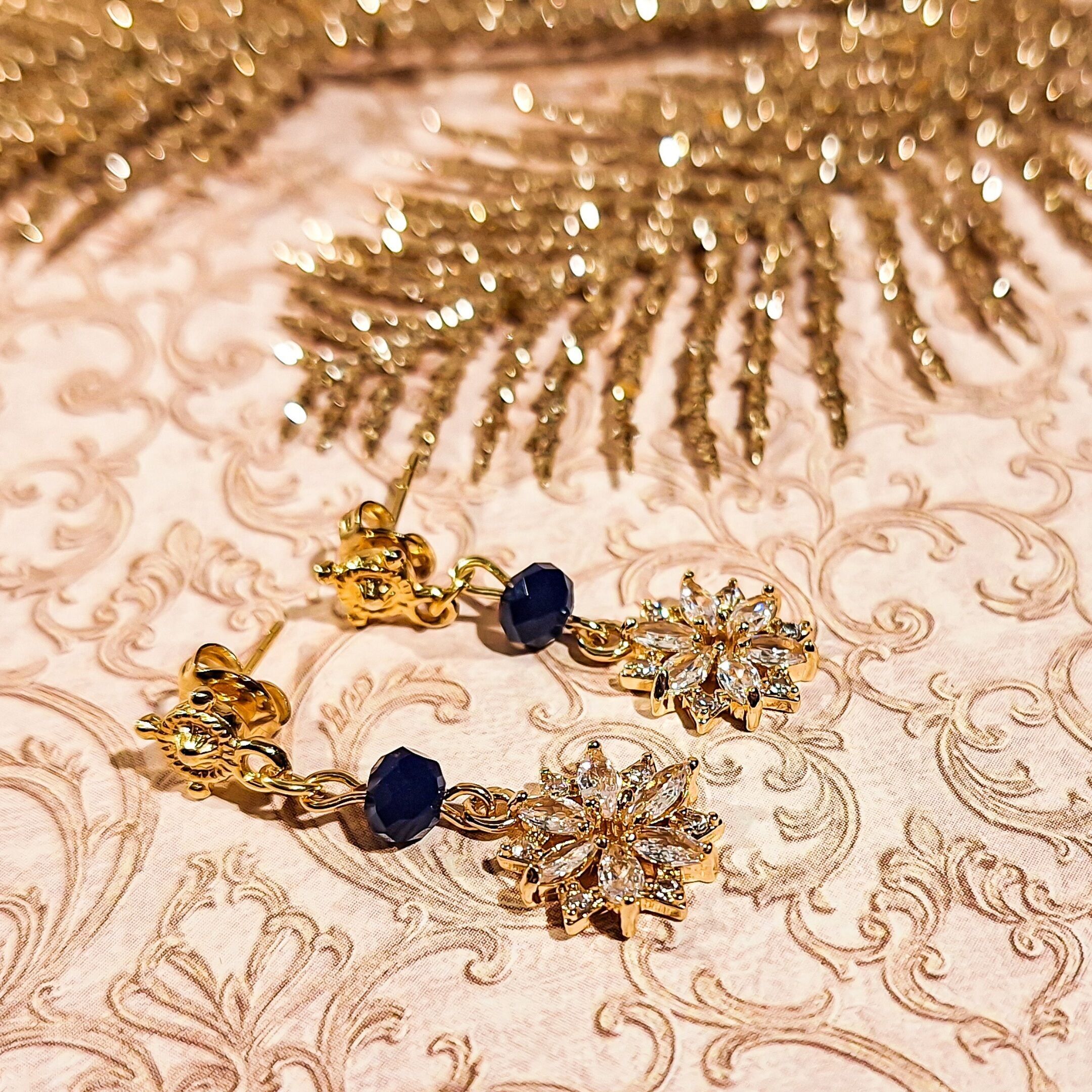 Pearl earrings, gold rhinestone pendants