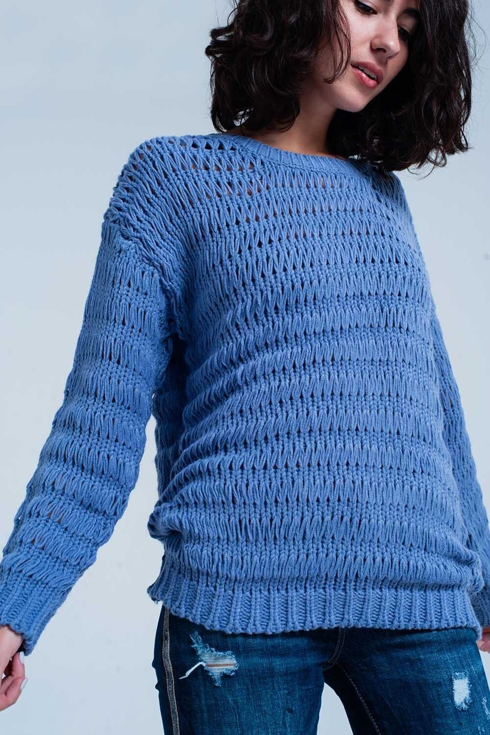 Blauer Dropstitch-Strickpullover