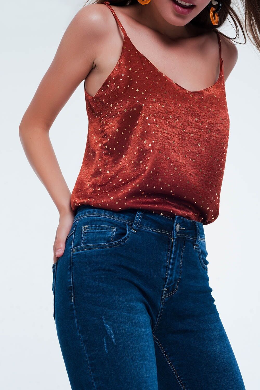 Orange polka dot strappy cami top