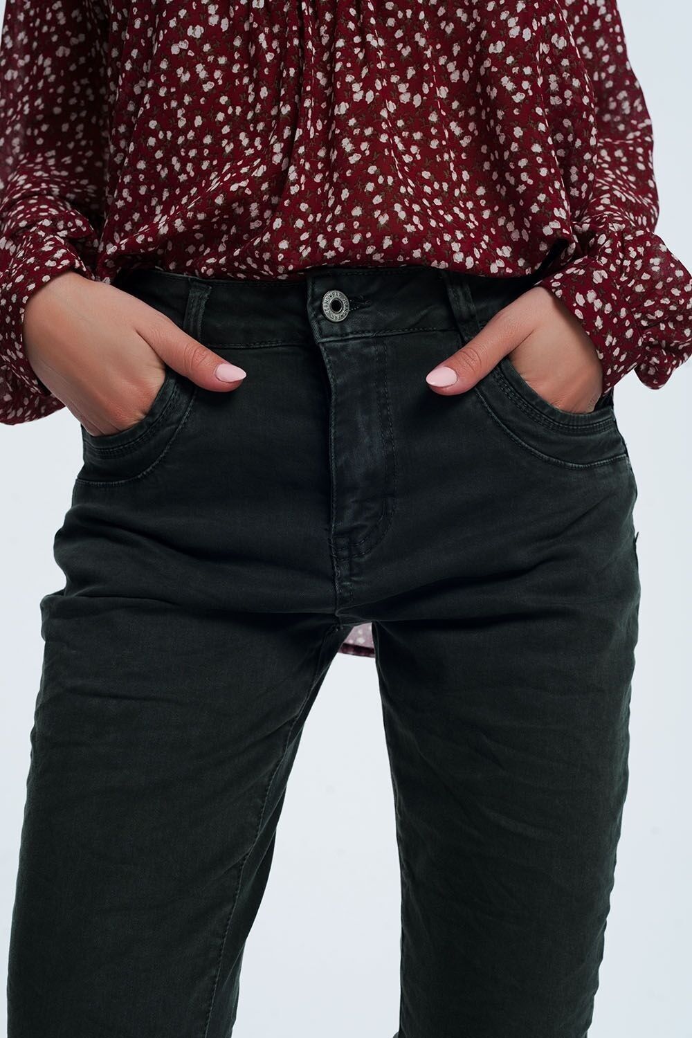 Drop crotch skinny jean in khaki